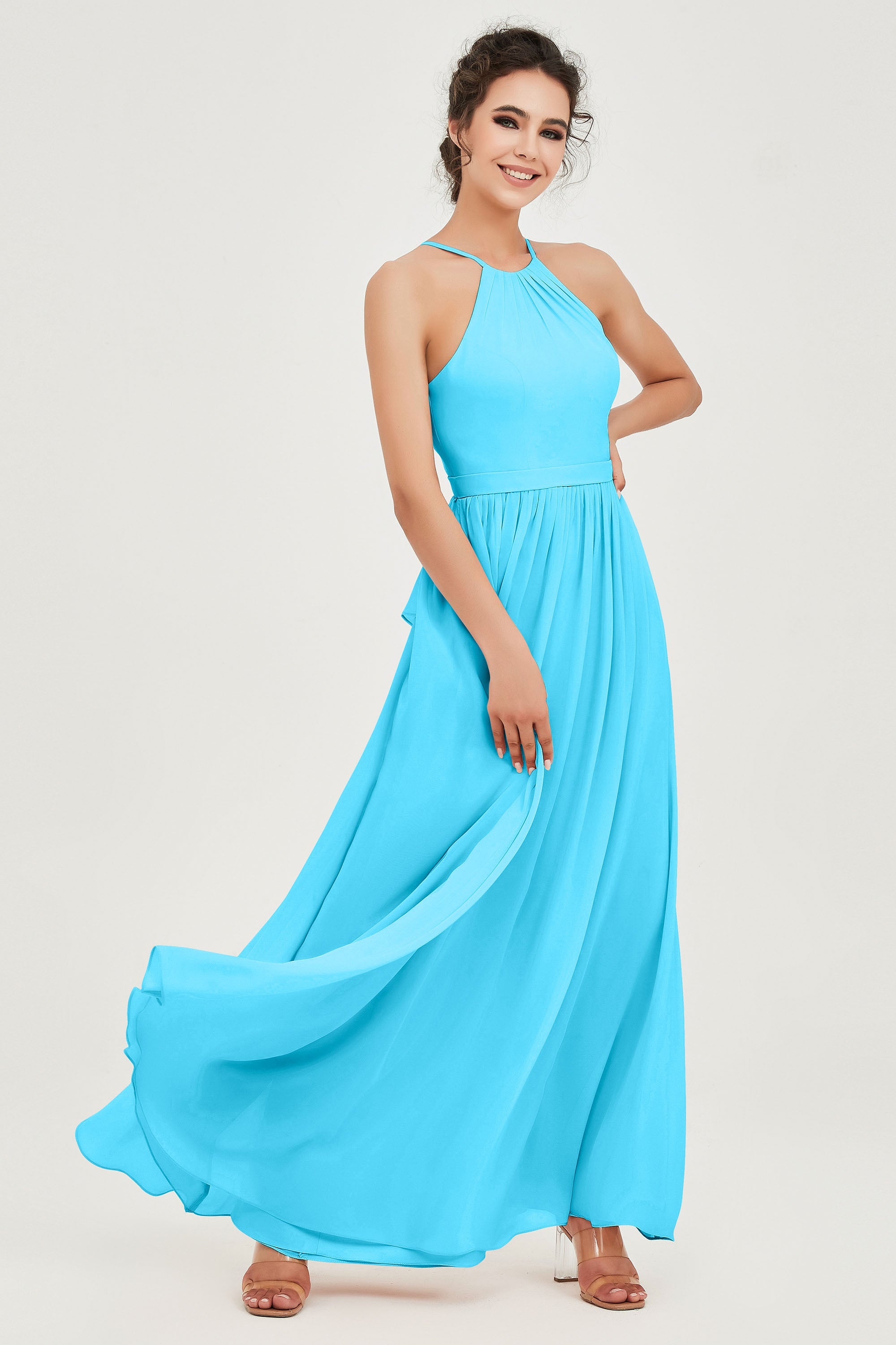 Halter Neck Elegant Bridesmaid Chiffon Dresses Sleeveless Formal Evening Dress Gowns