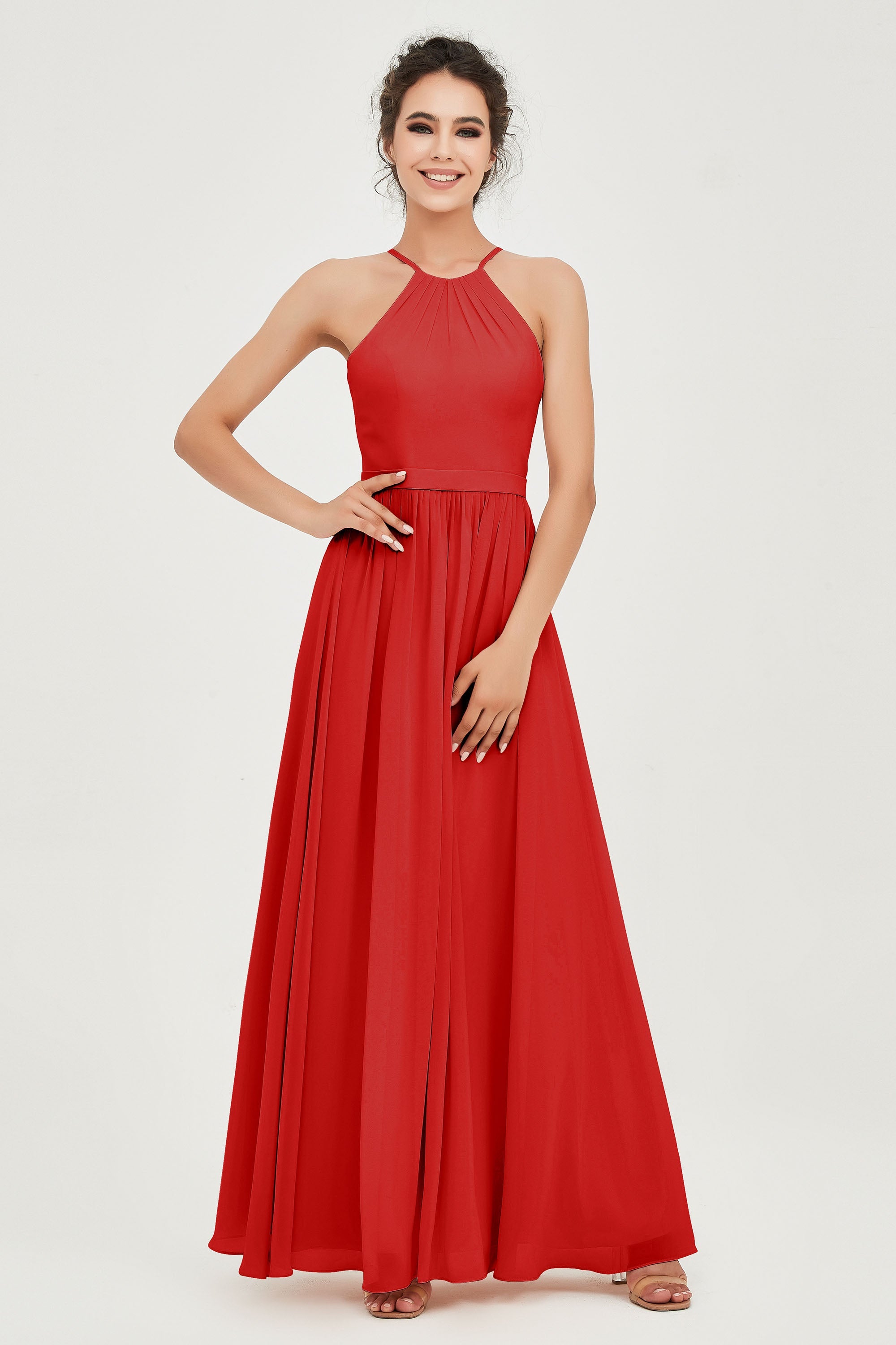 Halter Neck Elegant Bridesmaid Chiffon Dresses Sleeveless Formal Evening Dress Gowns