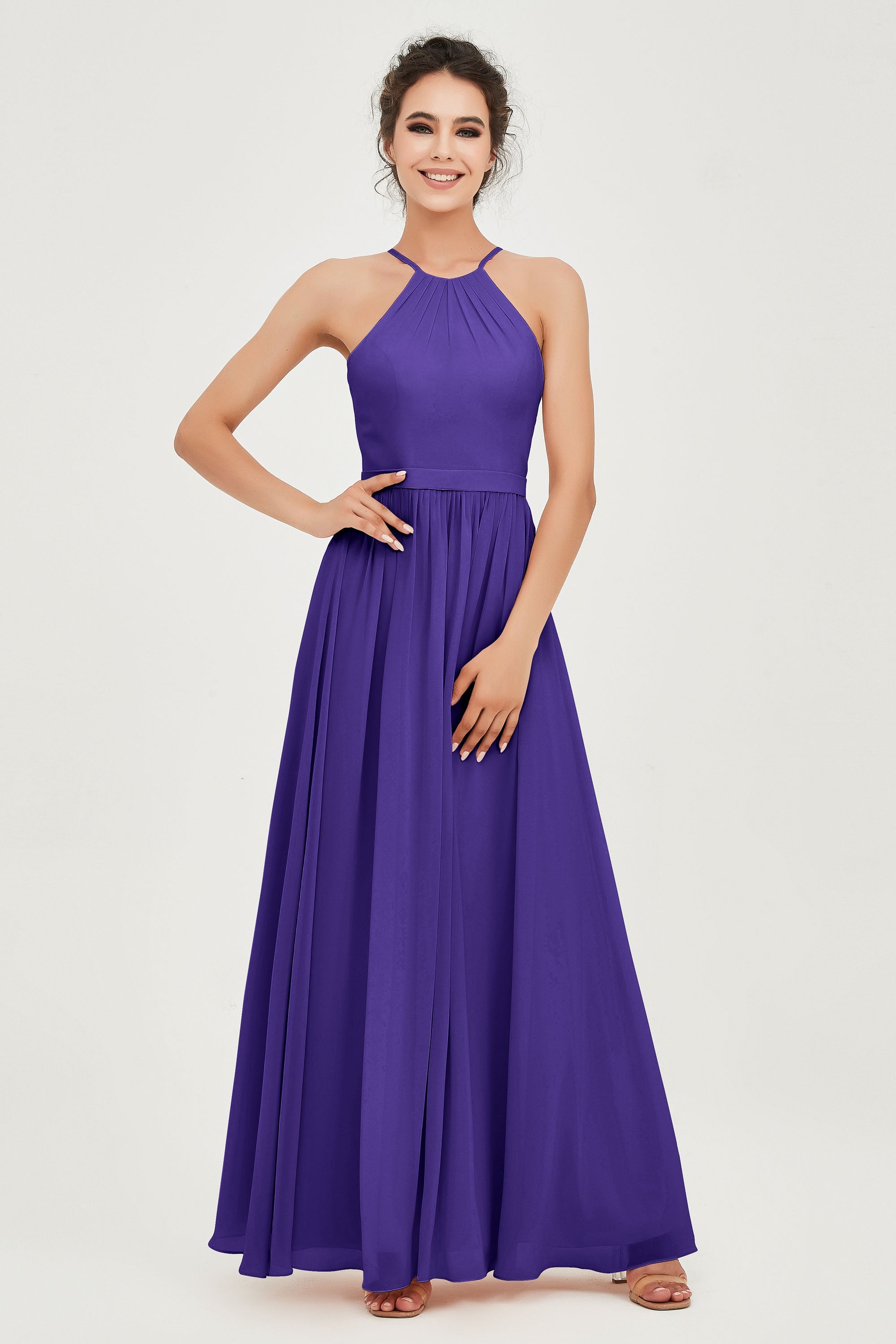 Halter Neck Elegant Bridesmaid Chiffon Dresses Sleeveless Formal Evening Dress Gowns