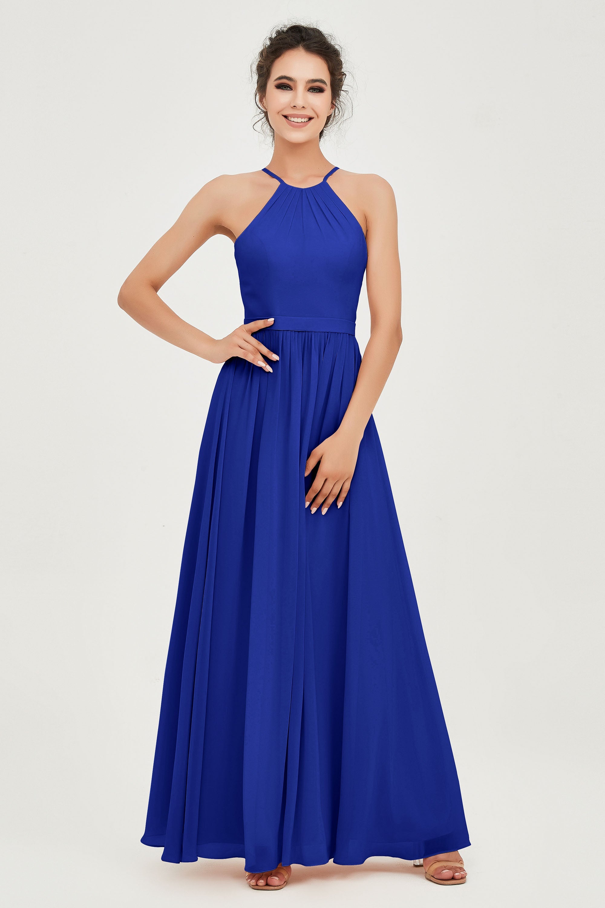 Halter Neck Elegant Bridesmaid Chiffon Dresses Sleeveless Formal Evening Dress Gowns