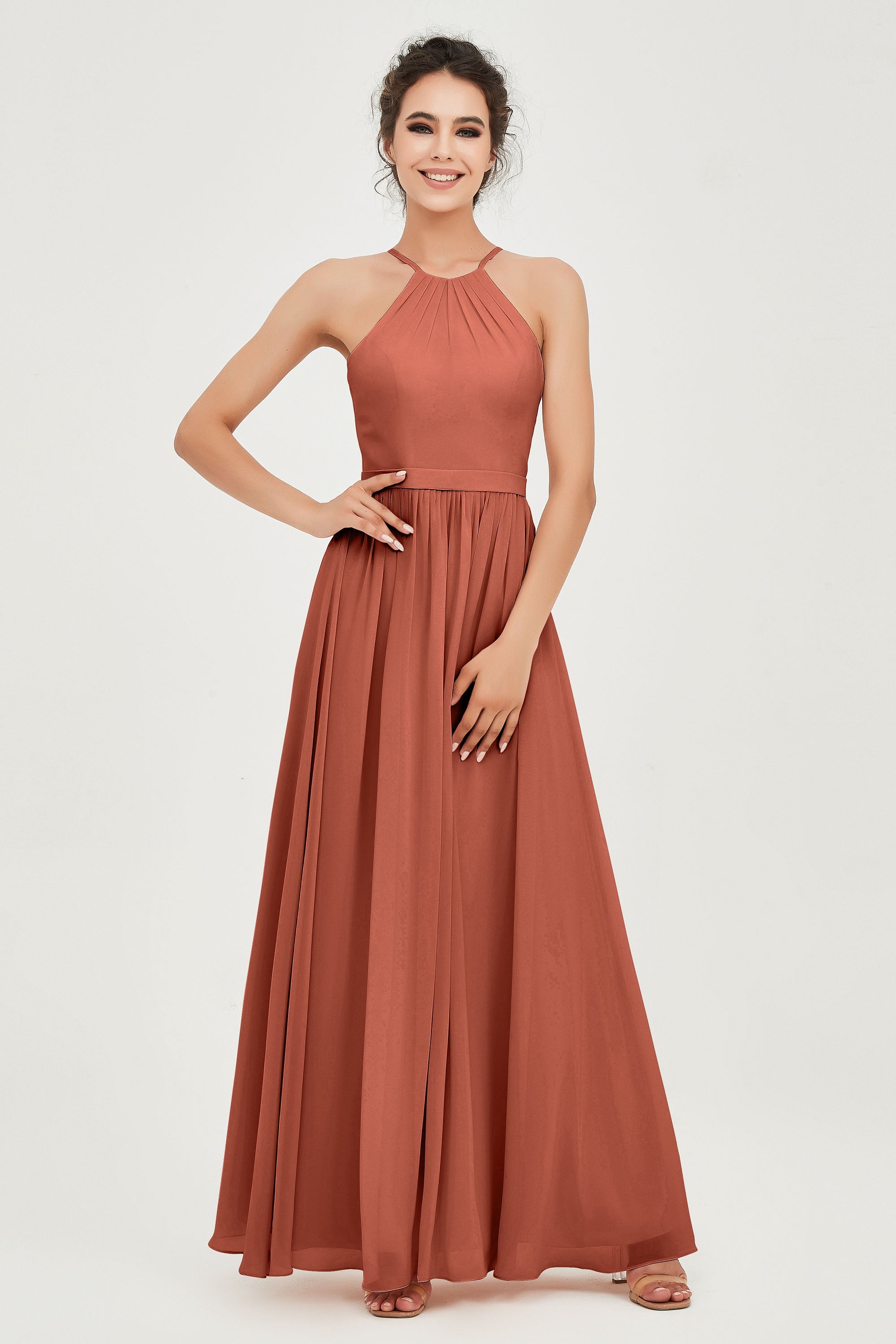 Halter Neck Elegant Bridesmaid Chiffon Dresses Sleeveless Formal Evening Dress Gowns