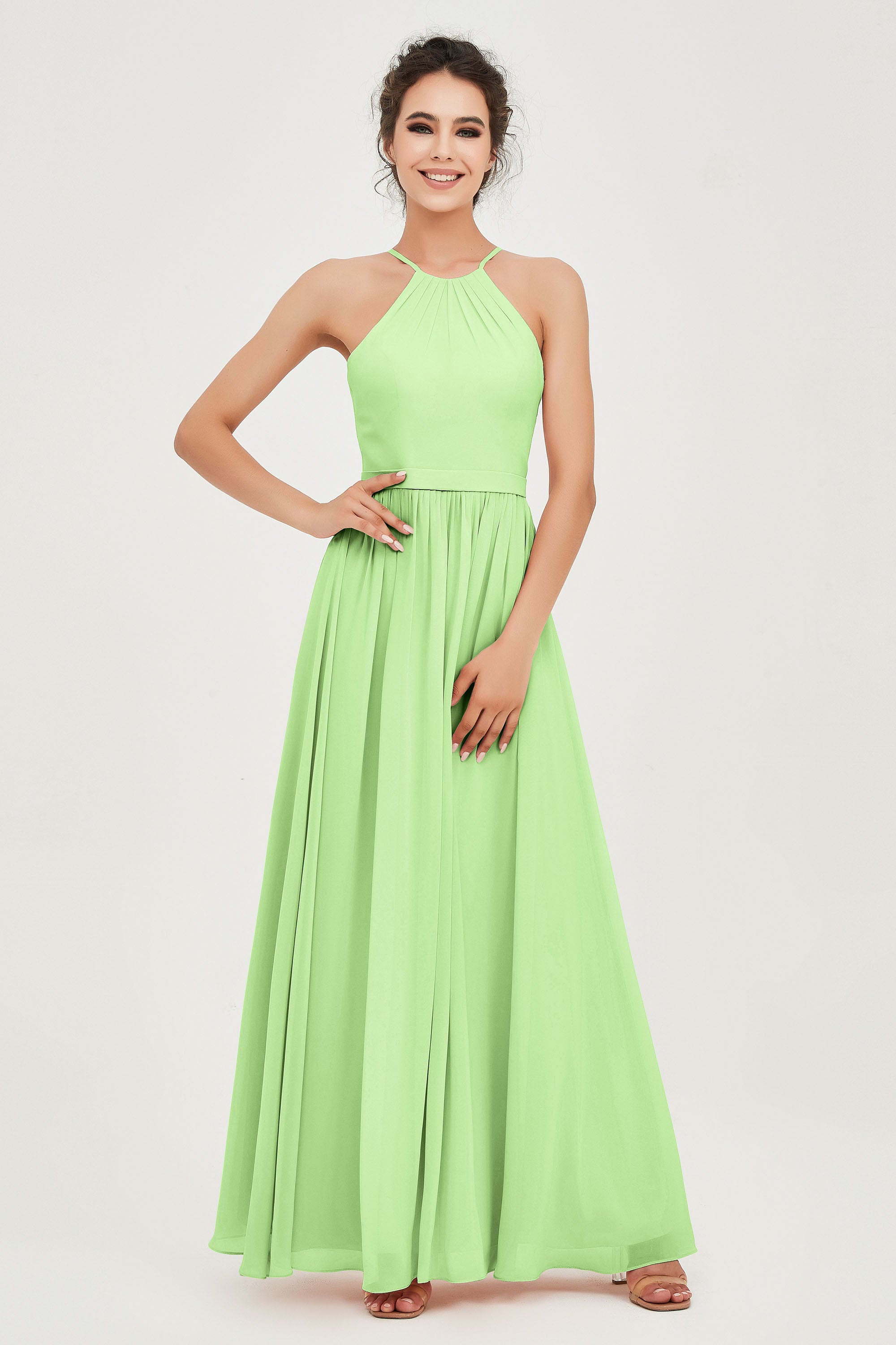 Halter Neck Elegant Bridesmaid Chiffon Dresses Sleeveless Formal Evening Dress Gowns