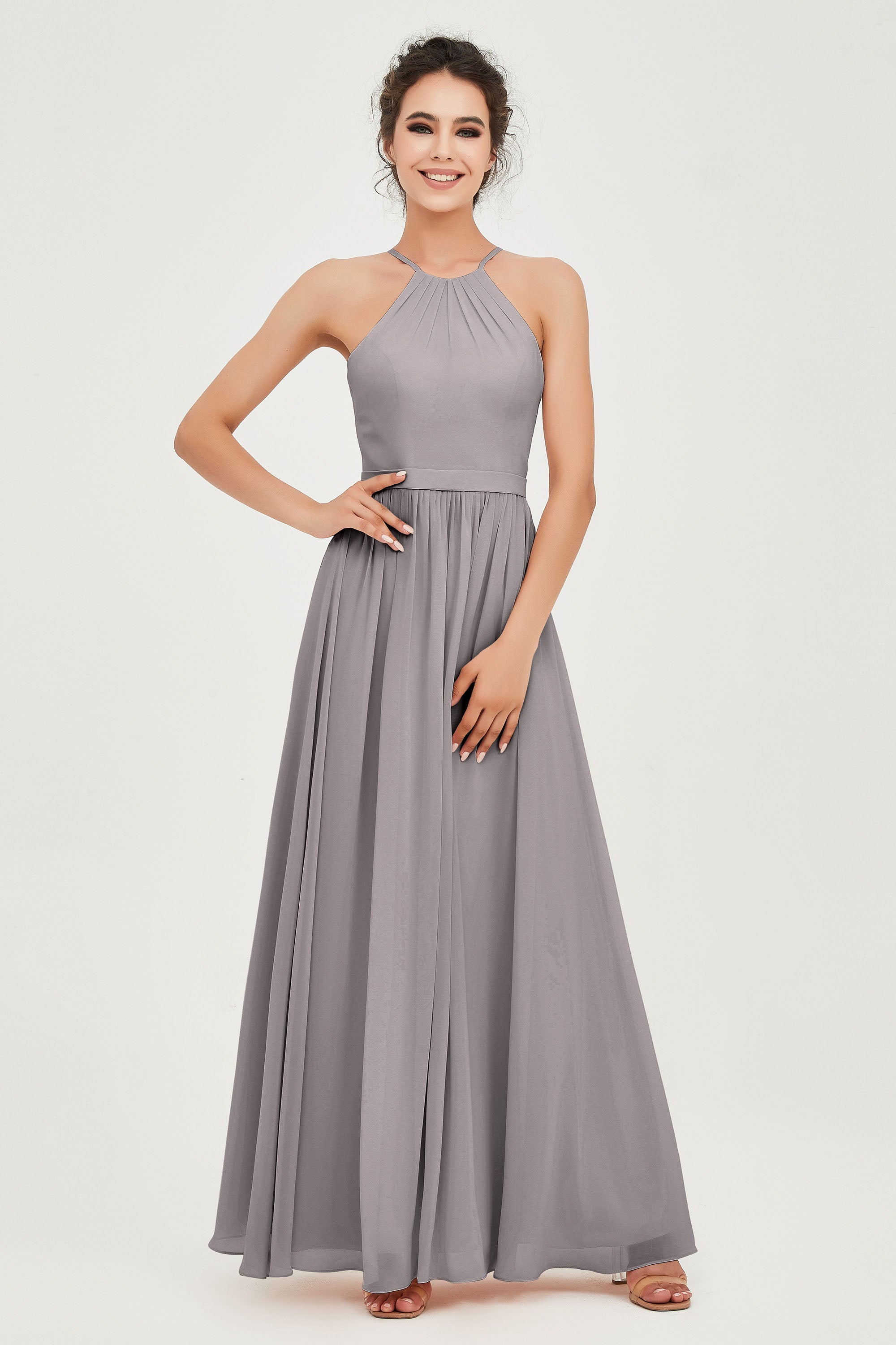 Halter Neck Elegant Bridesmaid Chiffon Dresses Sleeveless Formal Evening Dress Gowns