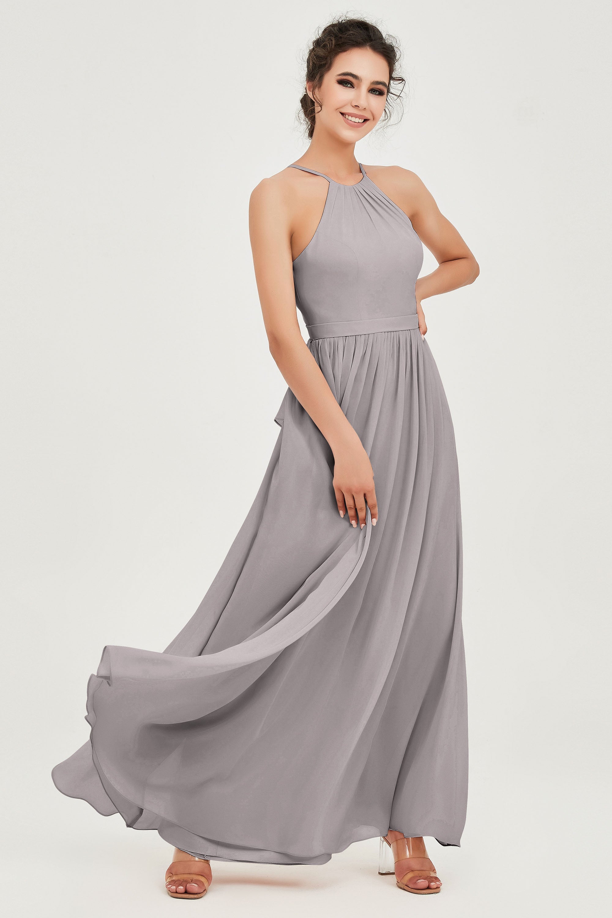 Halter Neck Elegant Bridesmaid Chiffon Dresses Sleeveless Formal Evening Dress Gowns
