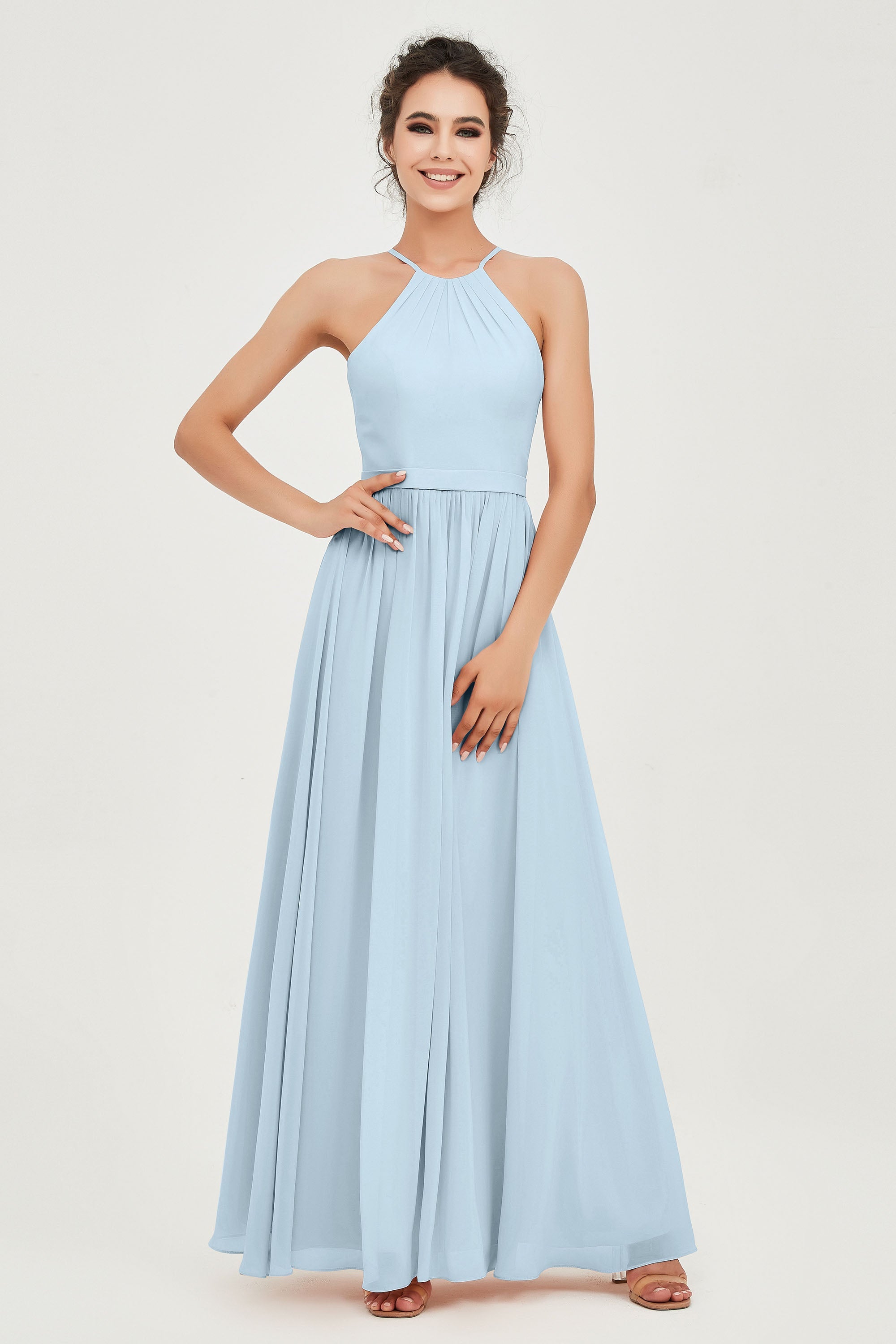 Halter Neck Elegant Bridesmaid Chiffon Dresses Sleeveless Formal Evening Dress Gowns