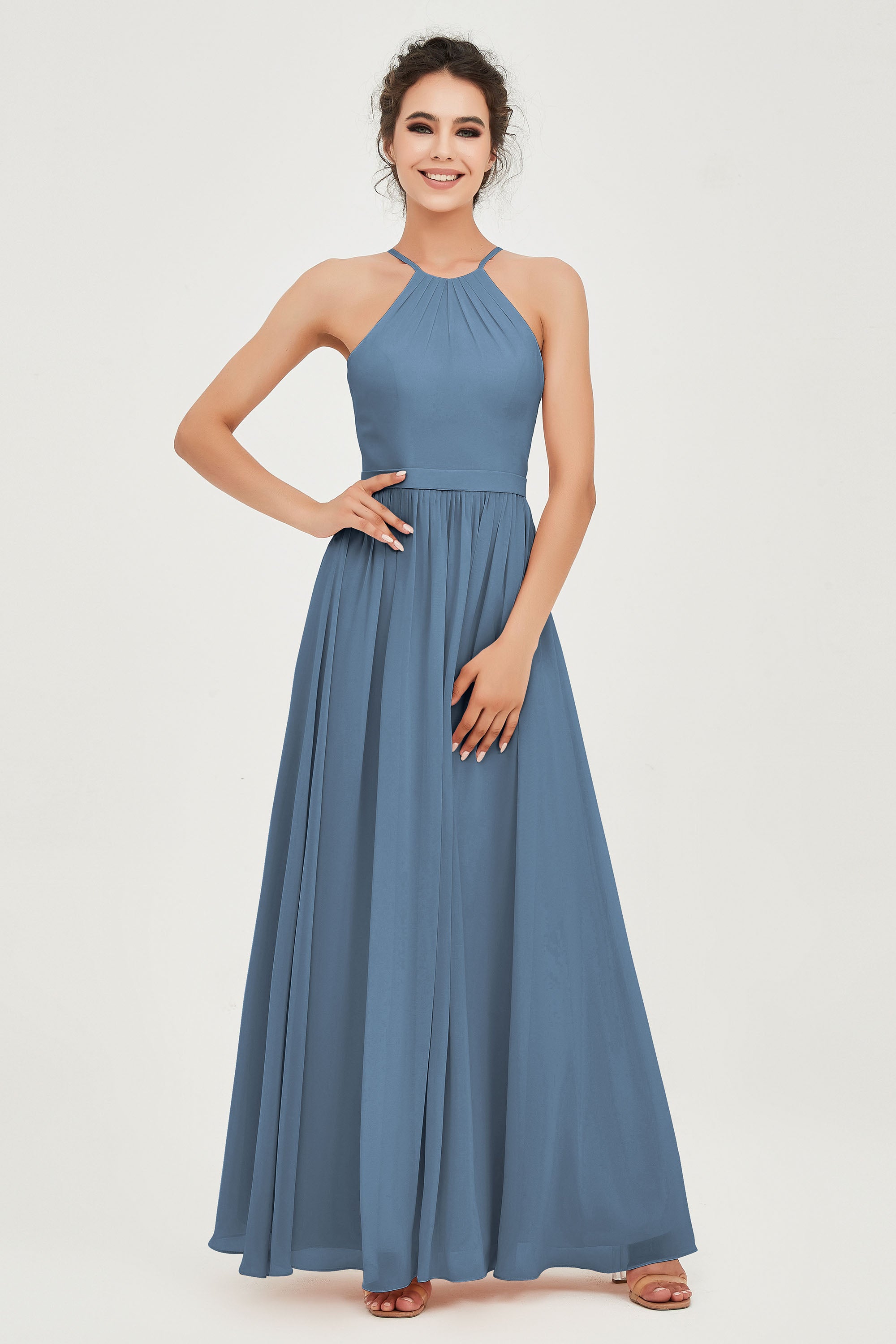 Halter Neck Elegant Bridesmaid Chiffon Dresses Sleeveless Formal Evening Dress Gowns