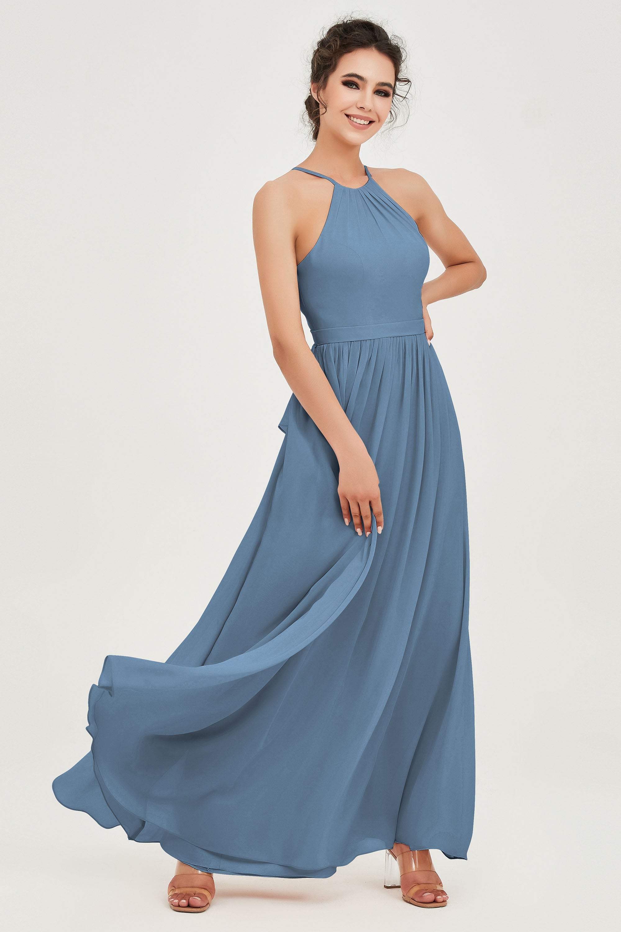 Halter Neck Elegant Bridesmaid Chiffon Dresses Sleeveless Formal Evening Dress Gowns
