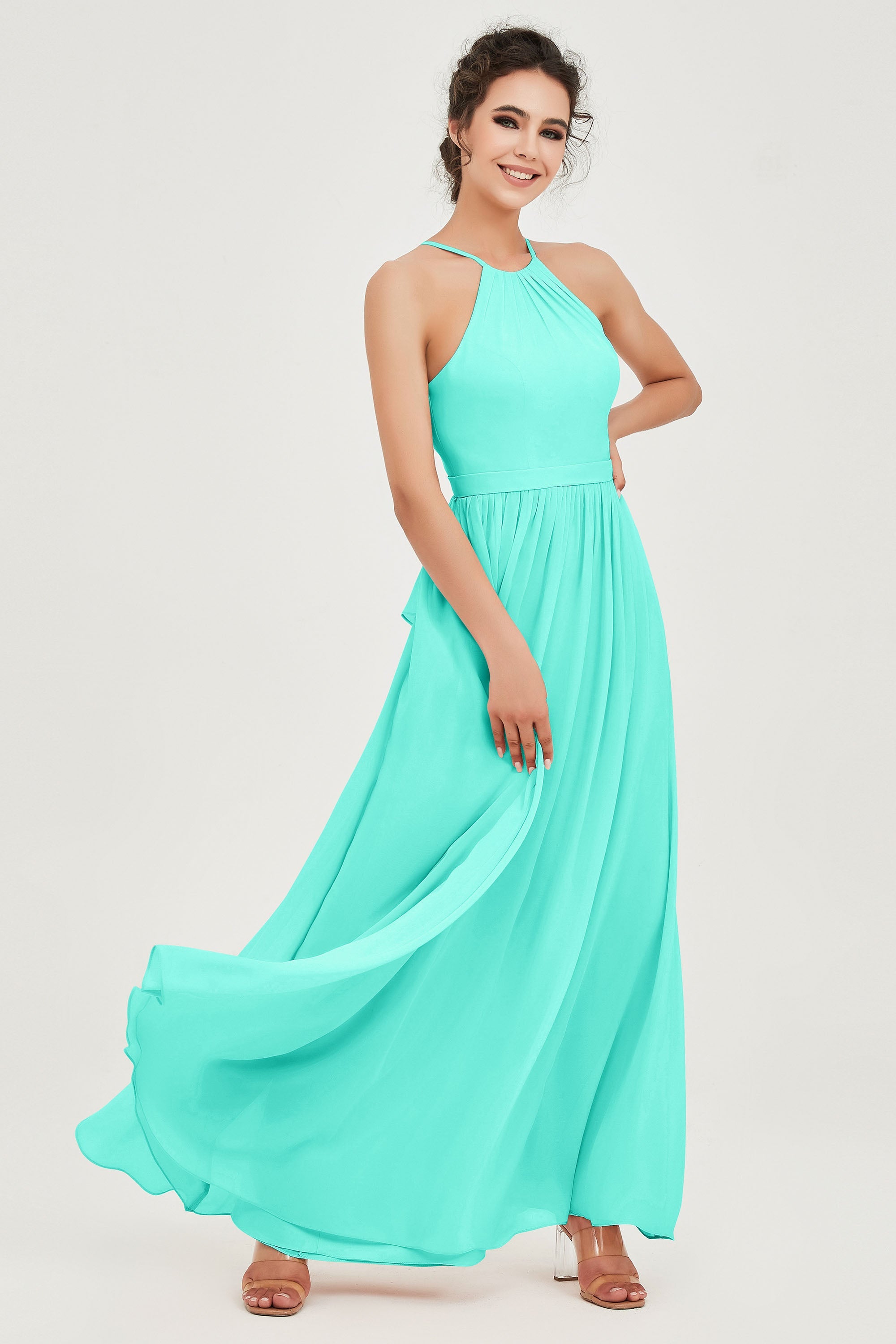 Halter Neck Elegant Bridesmaid Chiffon Dresses Sleeveless Formal Evening Dress Gowns
