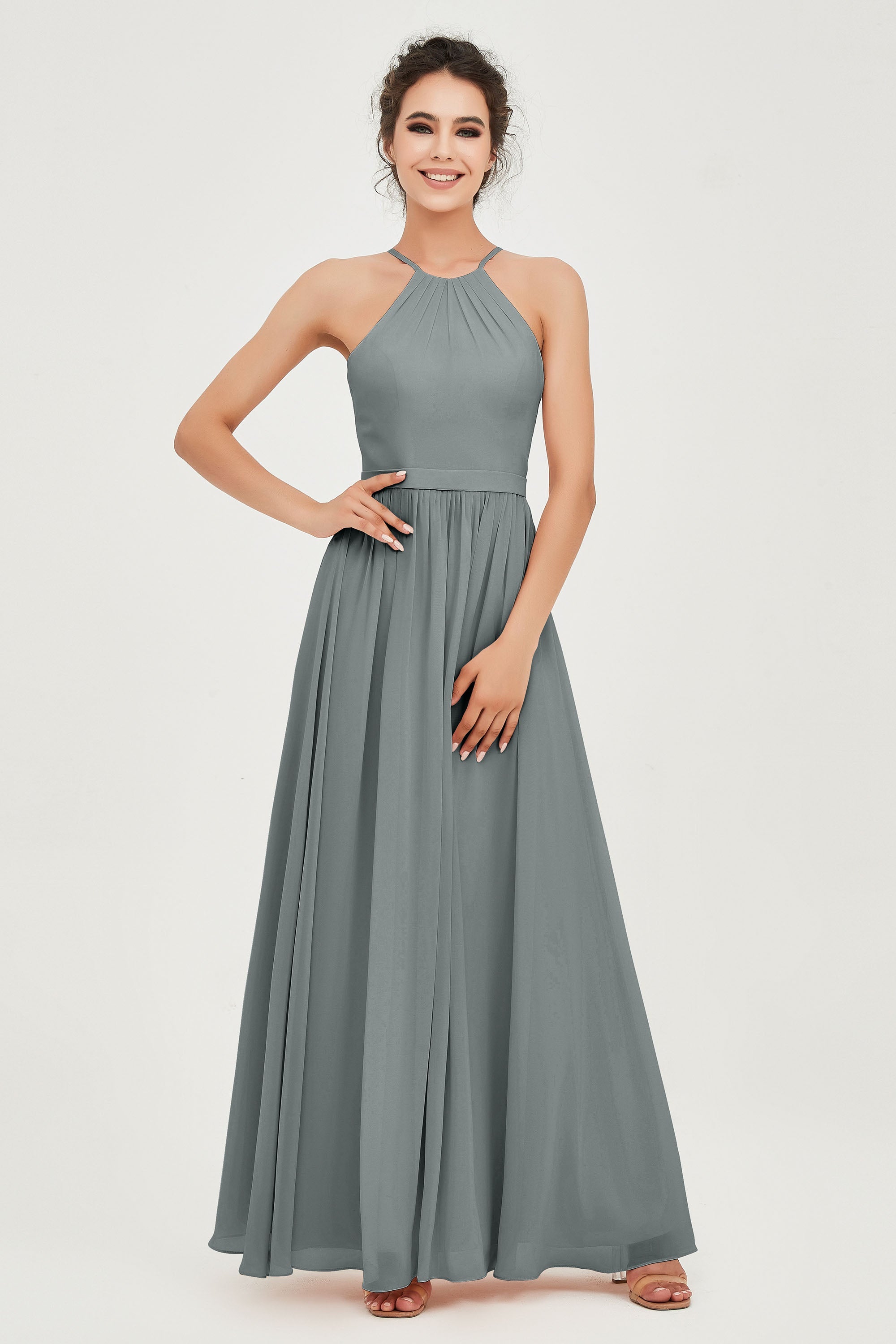 Halter Neck Elegant Bridesmaid Chiffon Dresses Sleeveless Formal Evening Dress Gowns