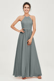 Halter Neck Elegant Bridesmaid Chiffon Dresses Sleeveless Formal Evening Dress Gowns