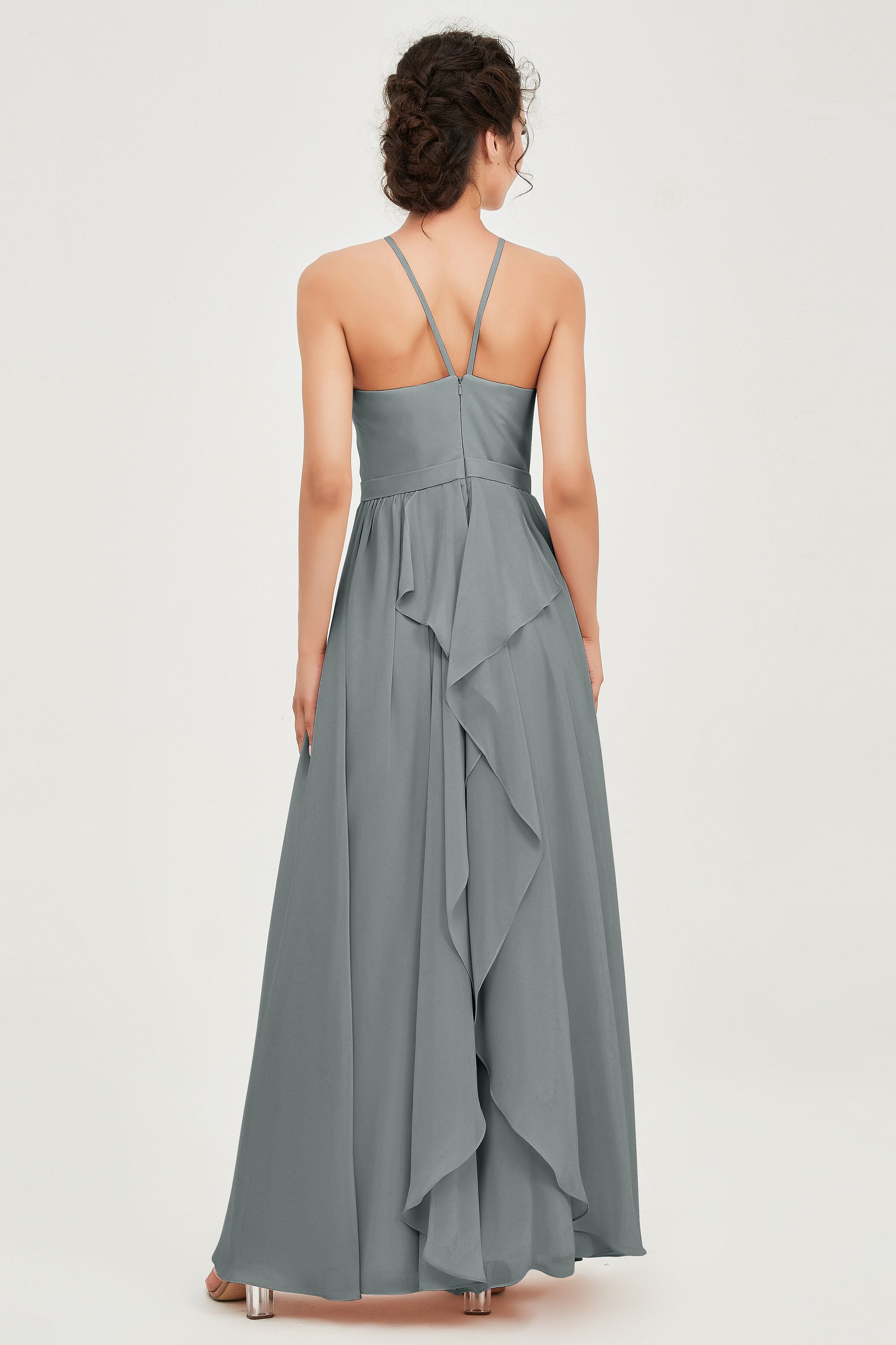 Halter Neck Elegant Bridesmaid Chiffon Dresses Sleeveless Formal Evening Dress Gowns