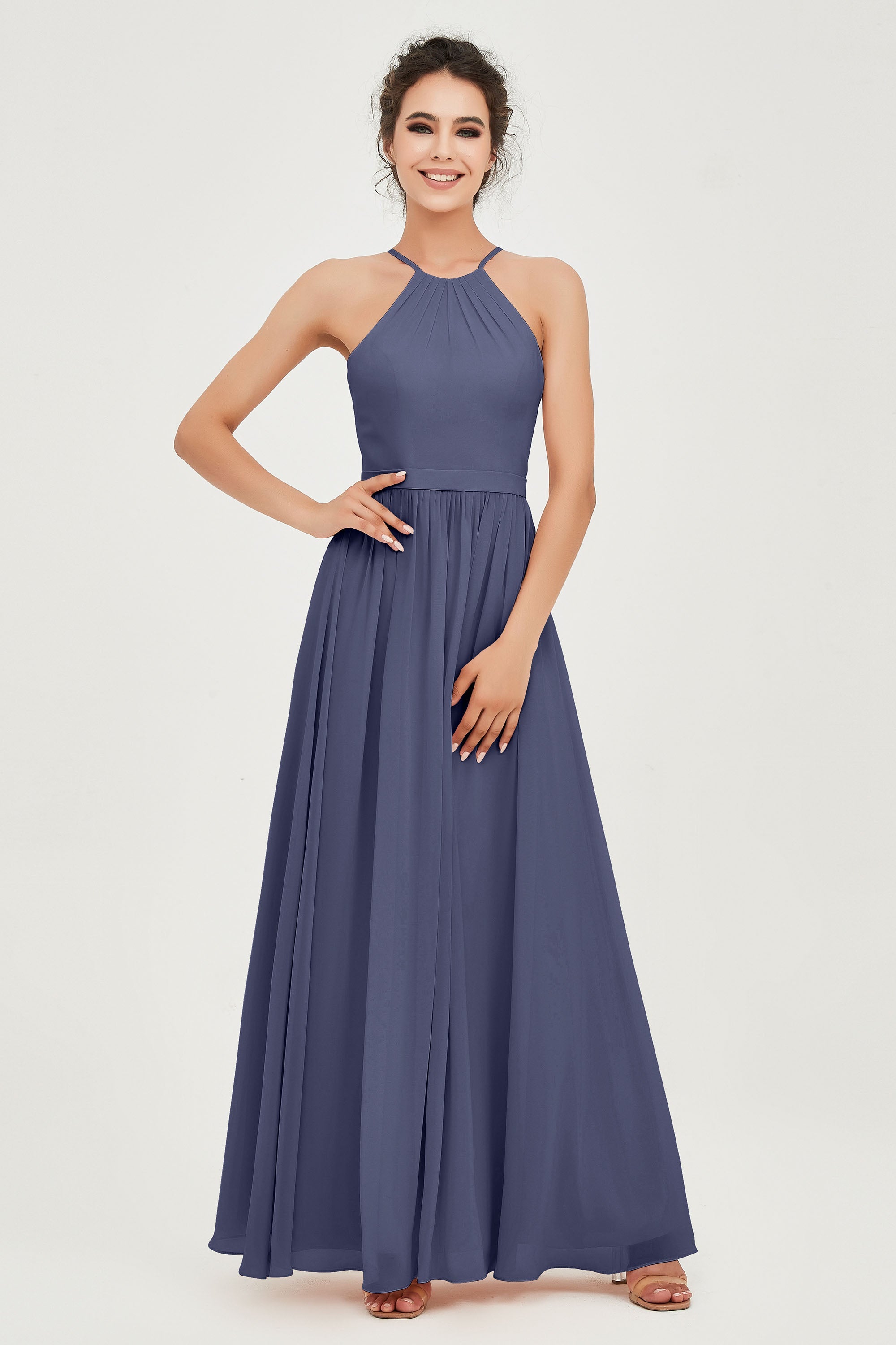 Halter Neck Elegant Bridesmaid Chiffon Dresses Sleeveless Formal Evening Dress Gowns