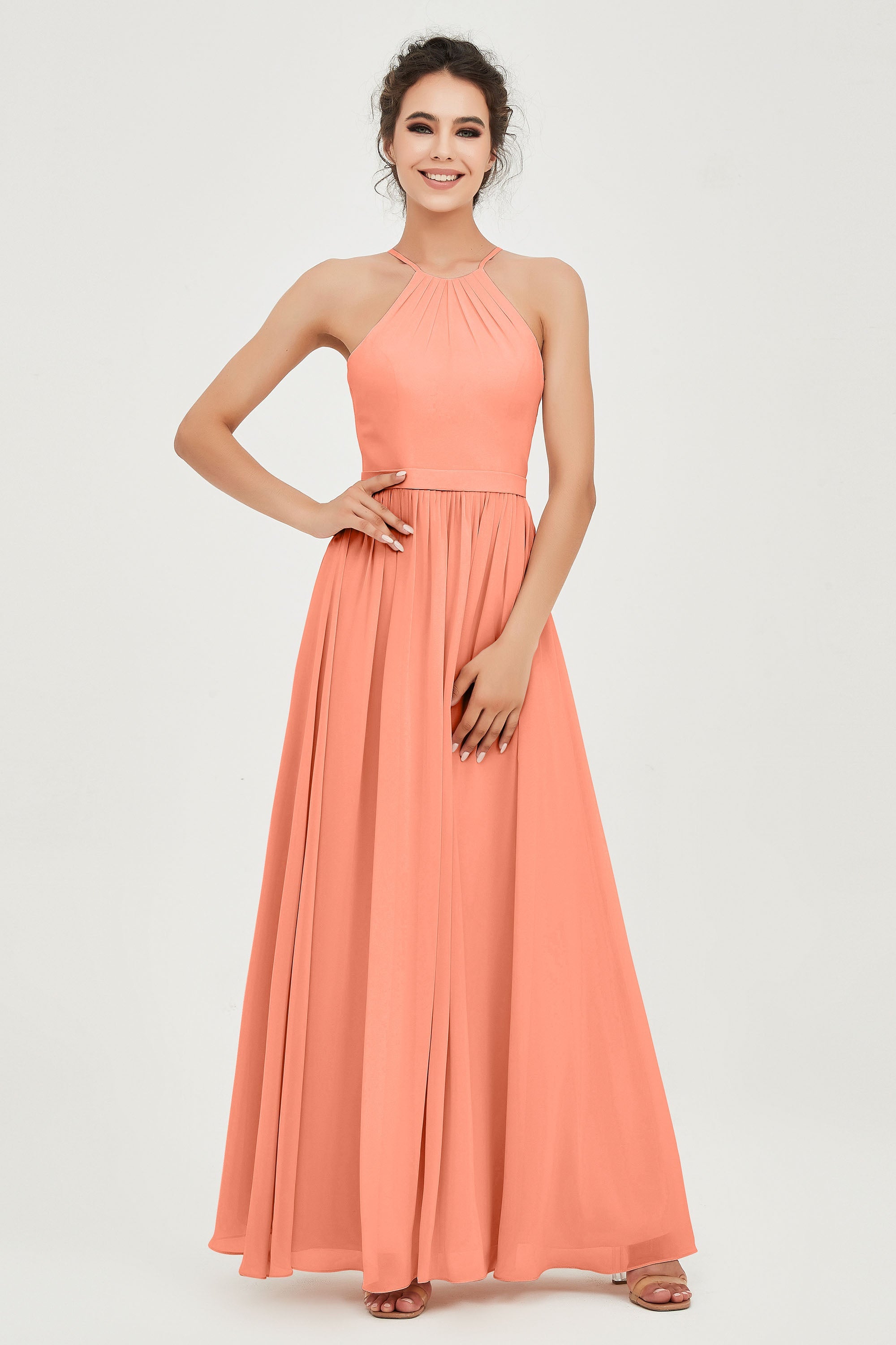 Halter Neck Elegant Bridesmaid Chiffon Dresses Sleeveless Formal Evening Dress Gowns