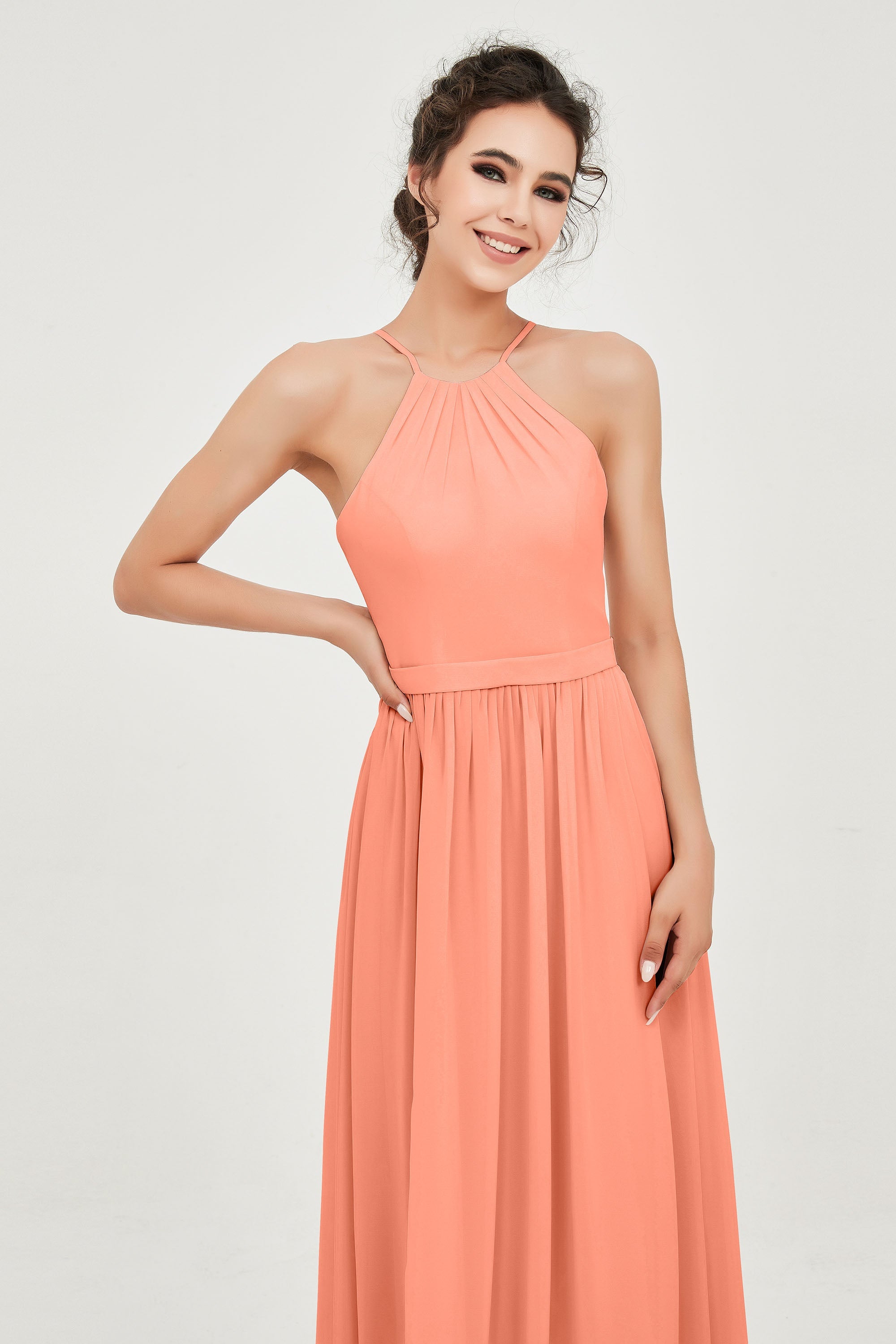 Halter Neck Elegant Bridesmaid Chiffon Dresses Sleeveless Formal Evening Dress Gowns