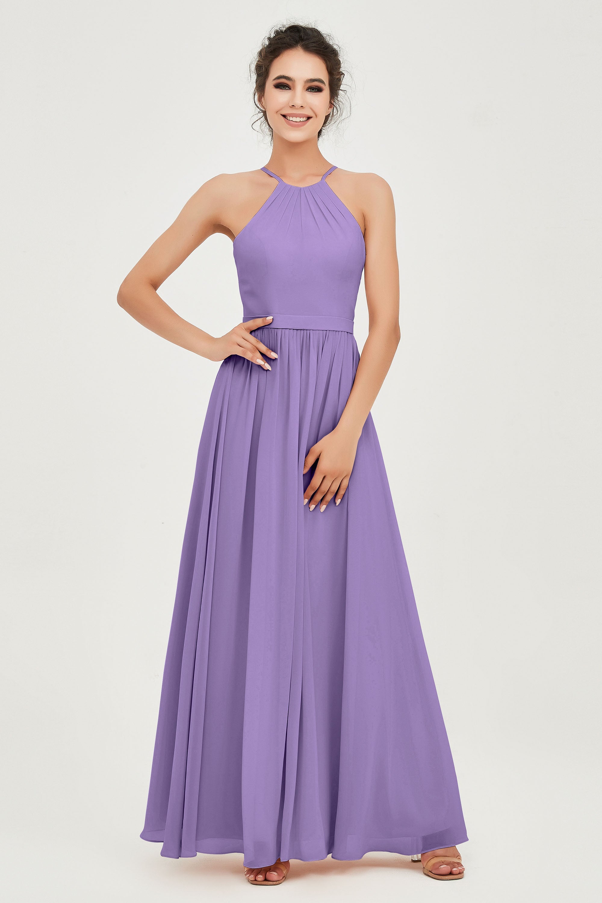 Halter Neck Elegant Bridesmaid Chiffon Dresses Sleeveless Formal Evening Dress Gowns