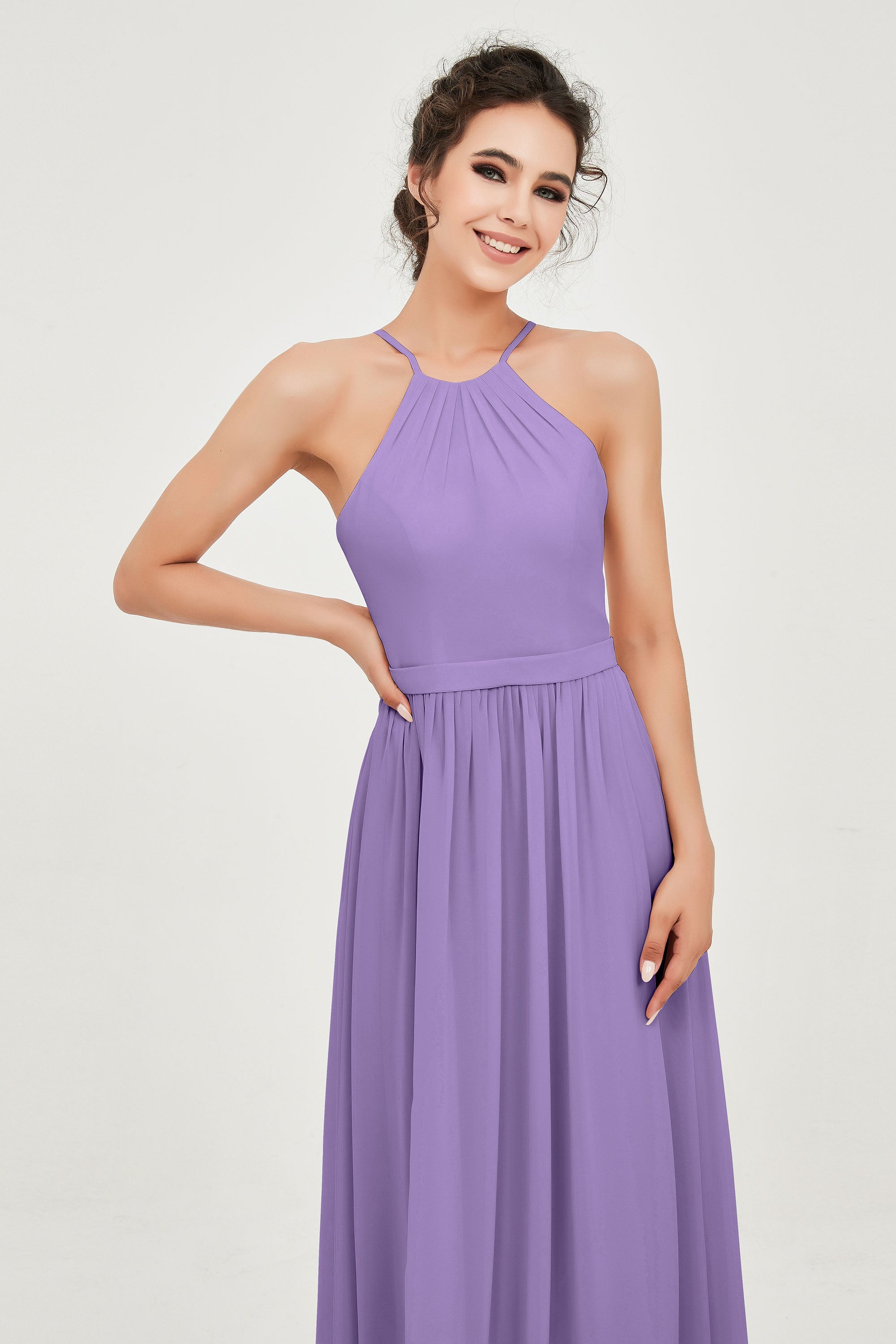 Halter Neck Elegant Bridesmaid Chiffon Dresses Sleeveless Formal Evening Dress Gowns