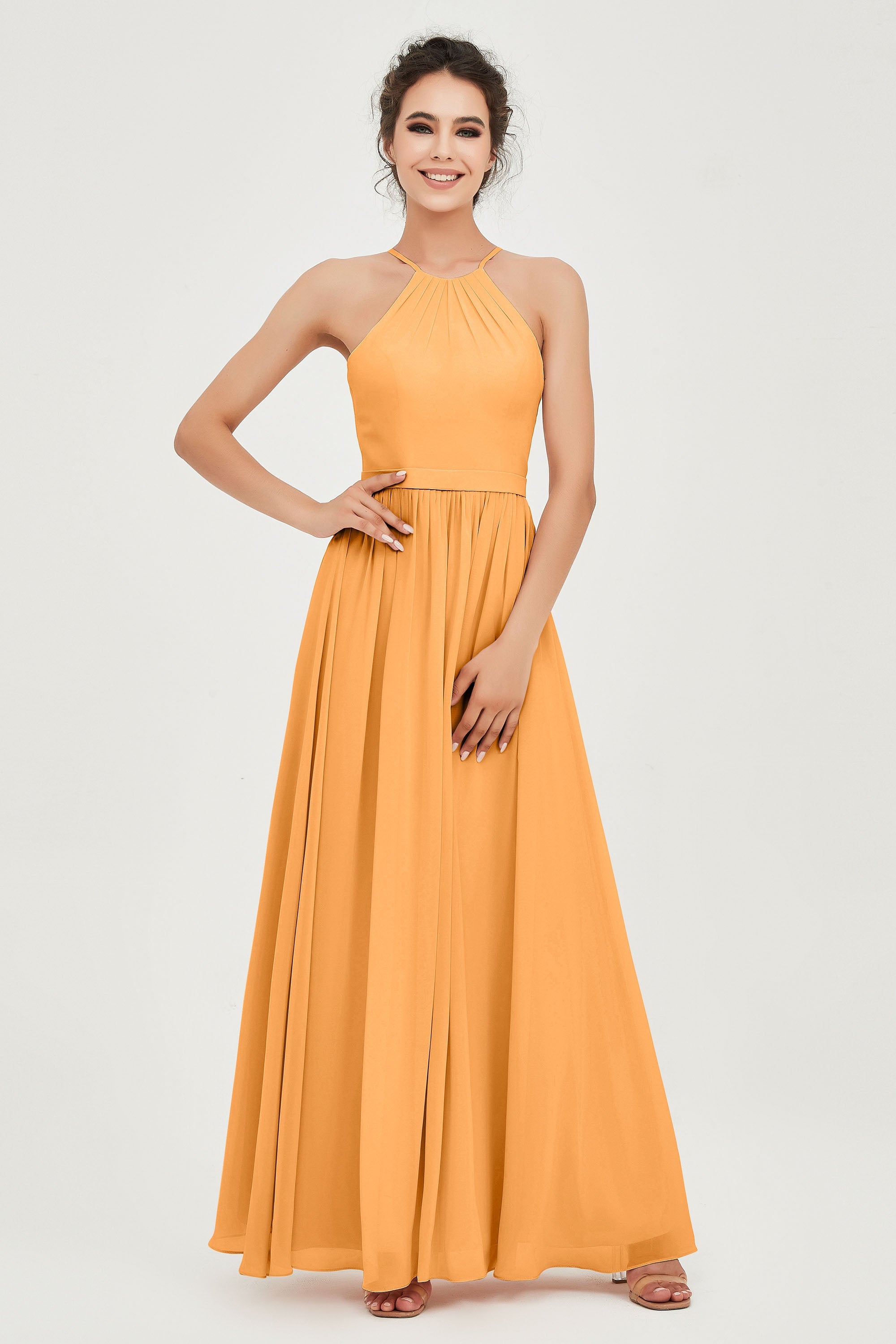 Halter Neck Elegant Bridesmaid Chiffon Dresses Sleeveless Formal Evening Dress Gowns