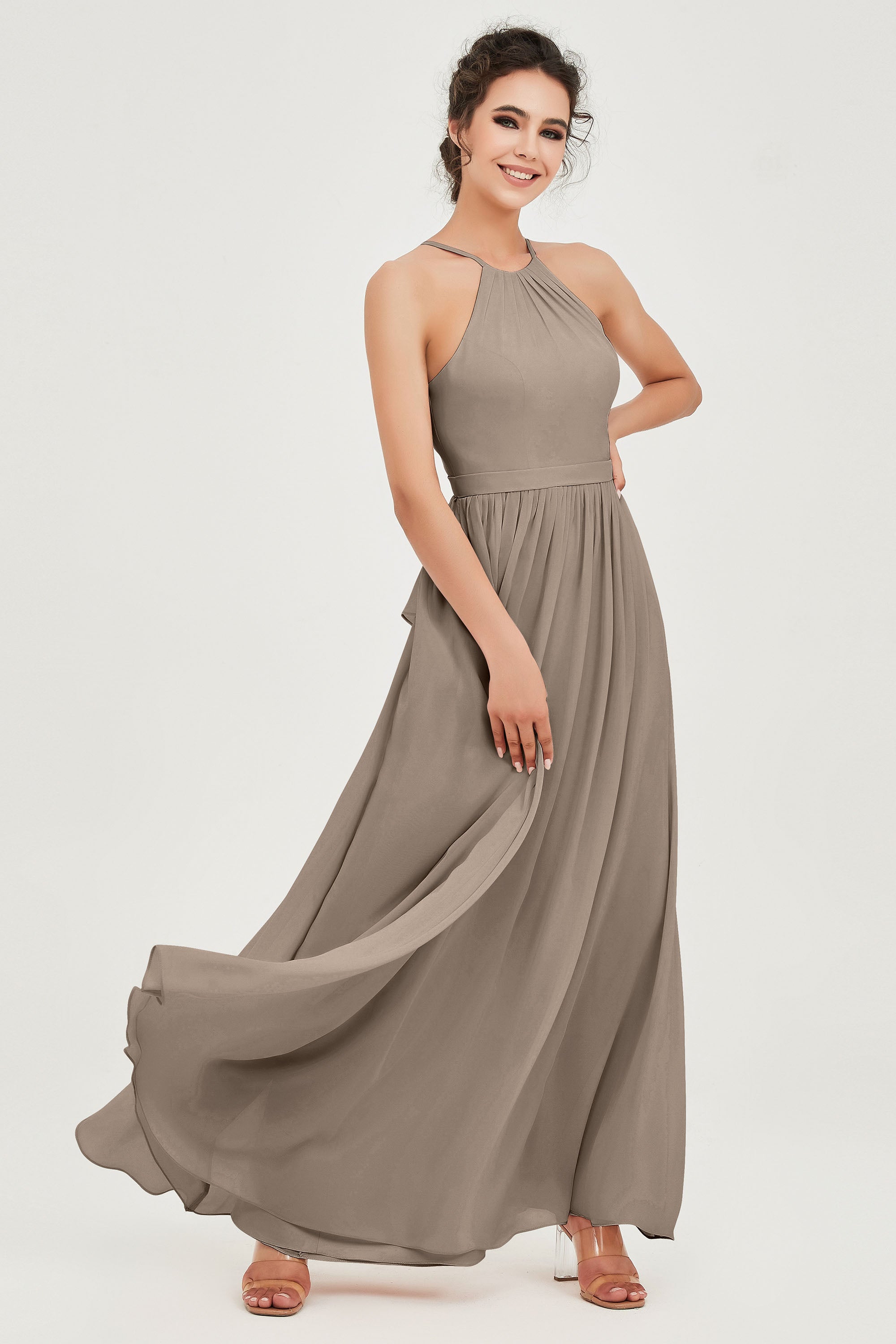 Halter Neck Elegant Bridesmaid Chiffon Dresses Sleeveless Formal Evening Dress Gowns