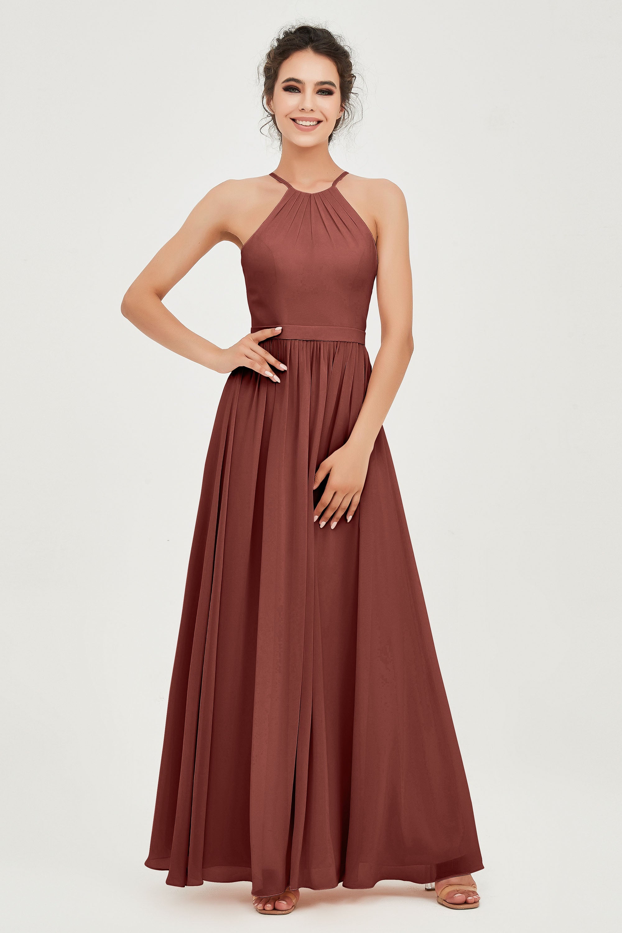 Halter Neck Elegant Bridesmaid Chiffon Dresses Sleeveless Formal Evening Dress Gowns