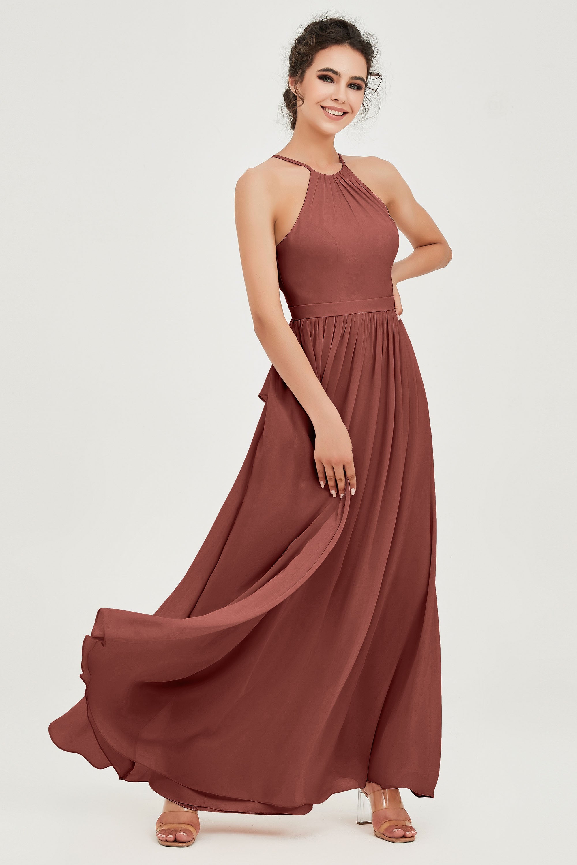 Halter Neck Elegant Bridesmaid Chiffon Dresses Sleeveless Formal Evening Dress Gowns