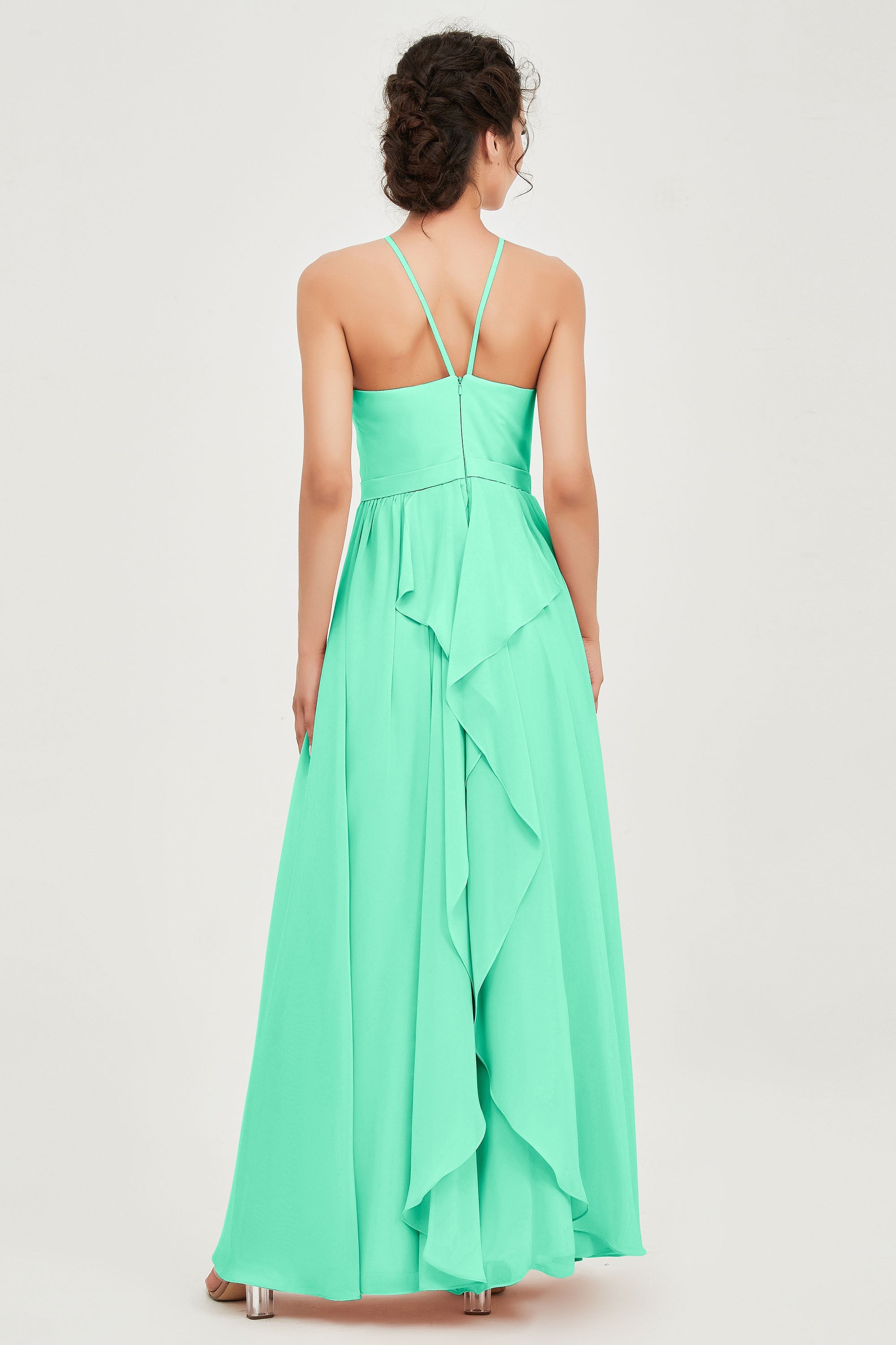 Halter Neck Elegant Bridesmaid Chiffon Dresses Sleeveless Formal Evening Dress Gowns