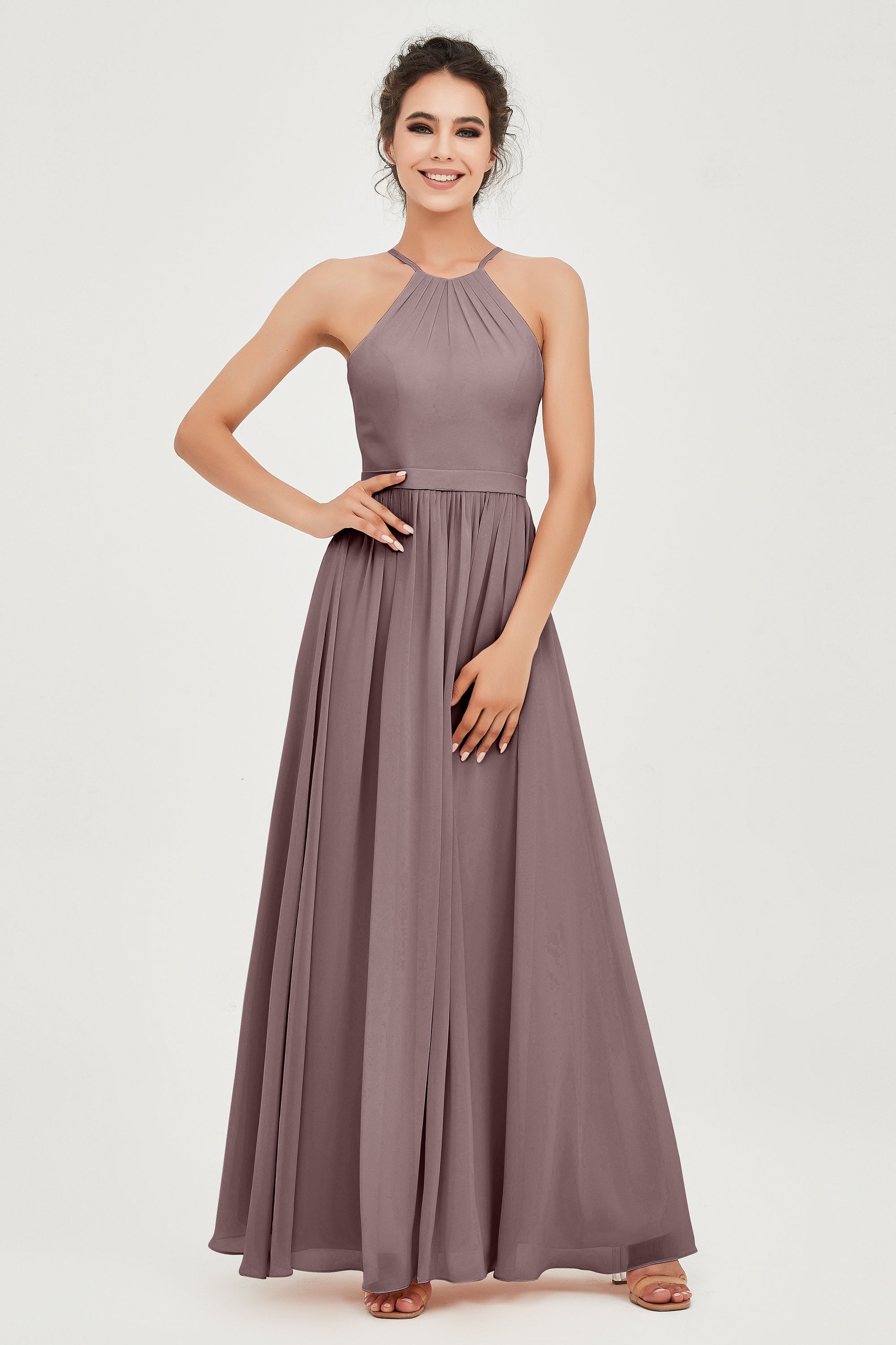 Halter Neck Elegant Bridesmaid Chiffon Dresses Sleeveless Formal Evening Dress Gowns
