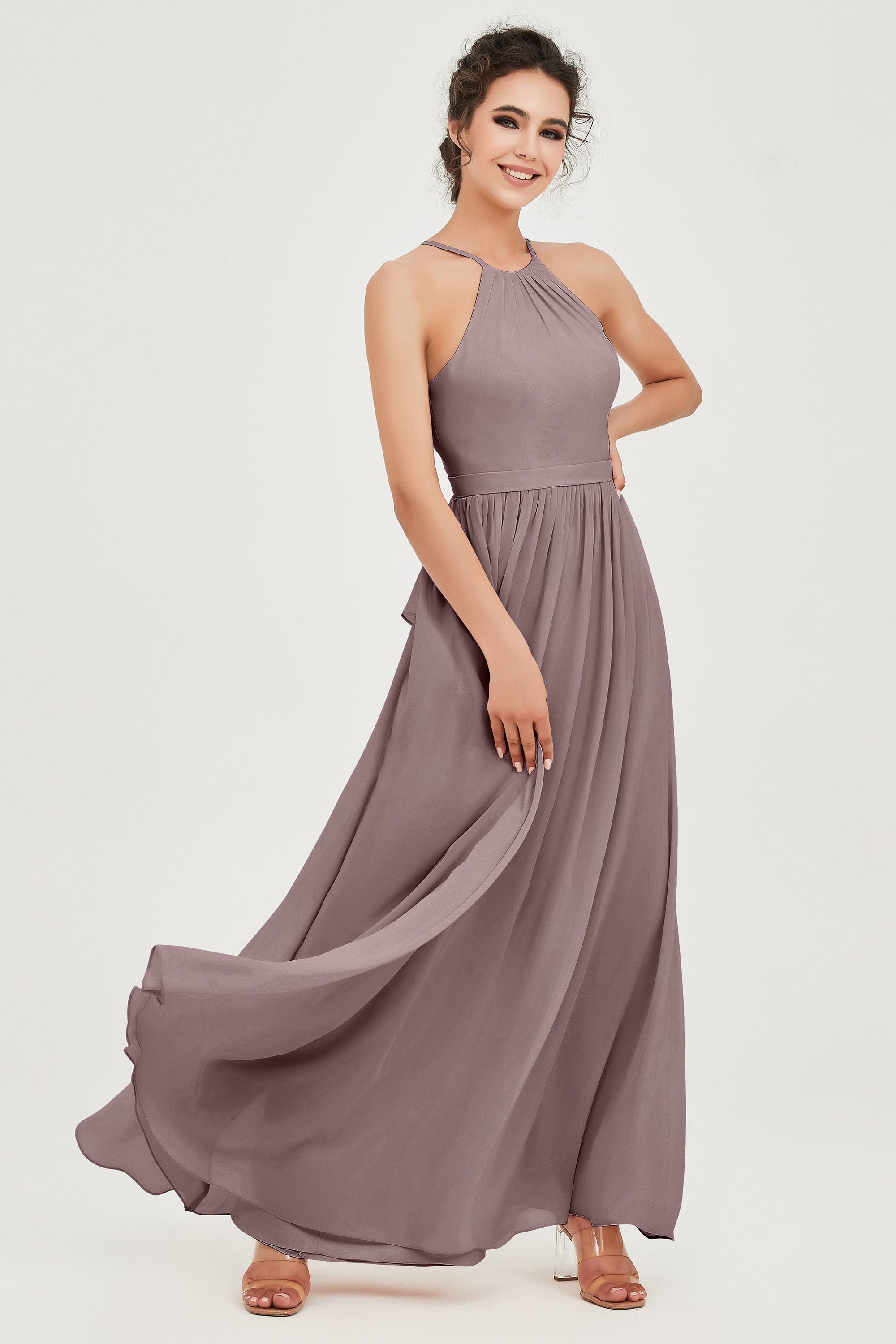 Halter Neck Elegant Bridesmaid Chiffon Dresses Sleeveless Formal Evening Dress Gowns