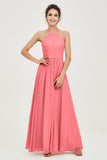Halter Neck Elegant Bridesmaid Chiffon Dresses Sleeveless Formal Evening Dress Gowns