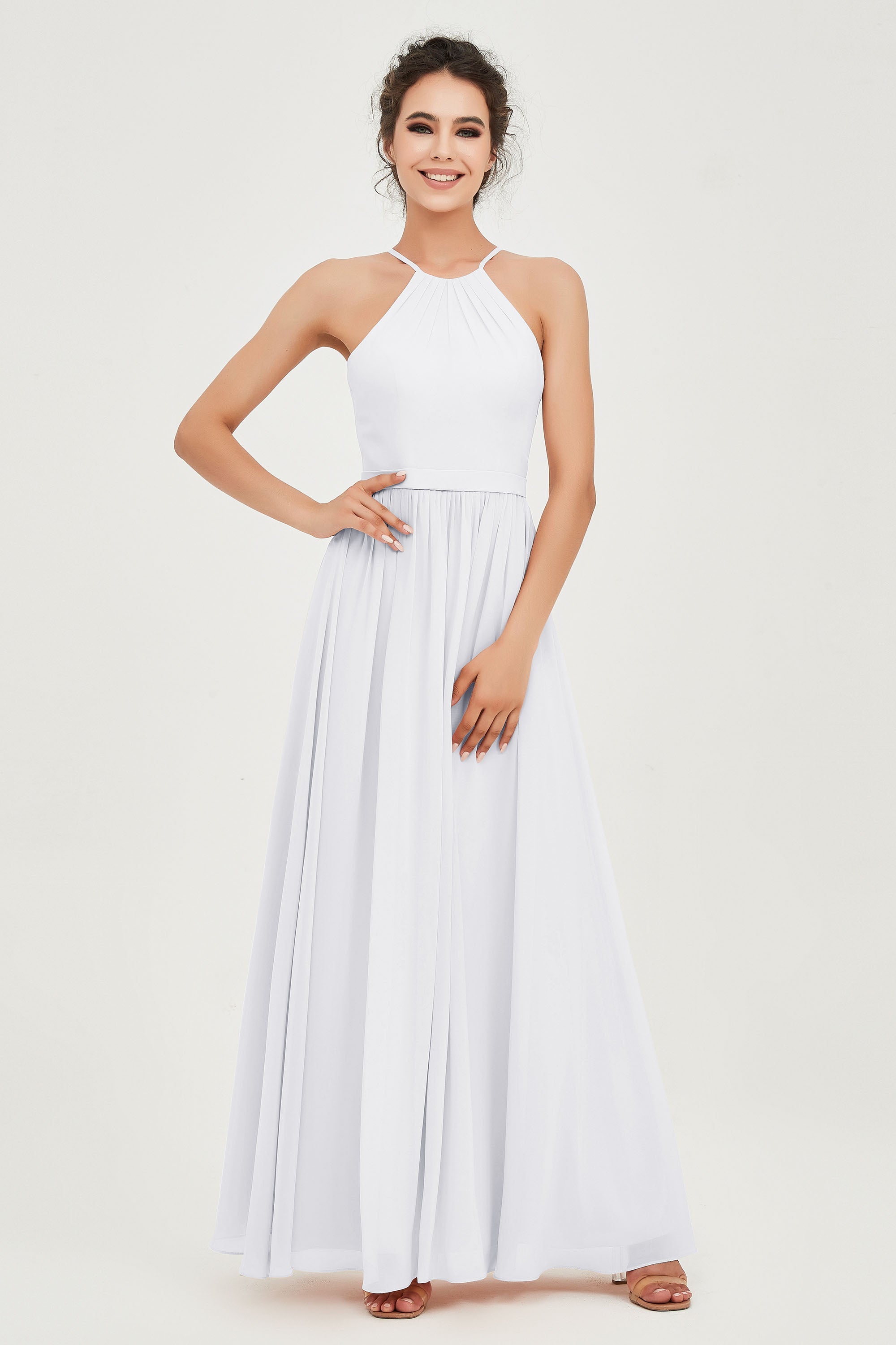 Halter Neck Elegant Bridesmaid Chiffon Dresses Sleeveless Formal Evening Dress Gowns