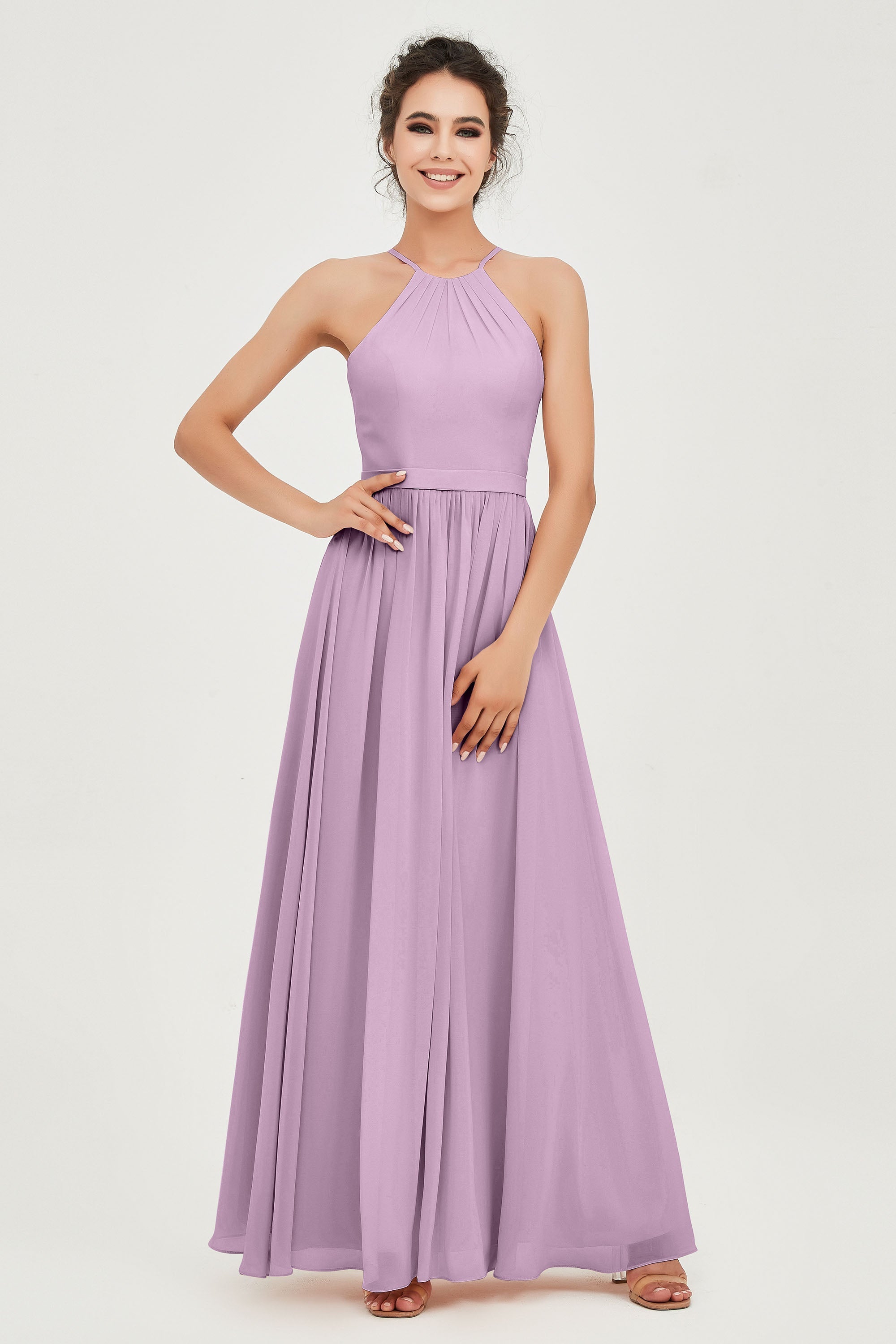 Halter Neck Elegant Bridesmaid Chiffon Dresses Sleeveless Formal Evening Dress Gowns