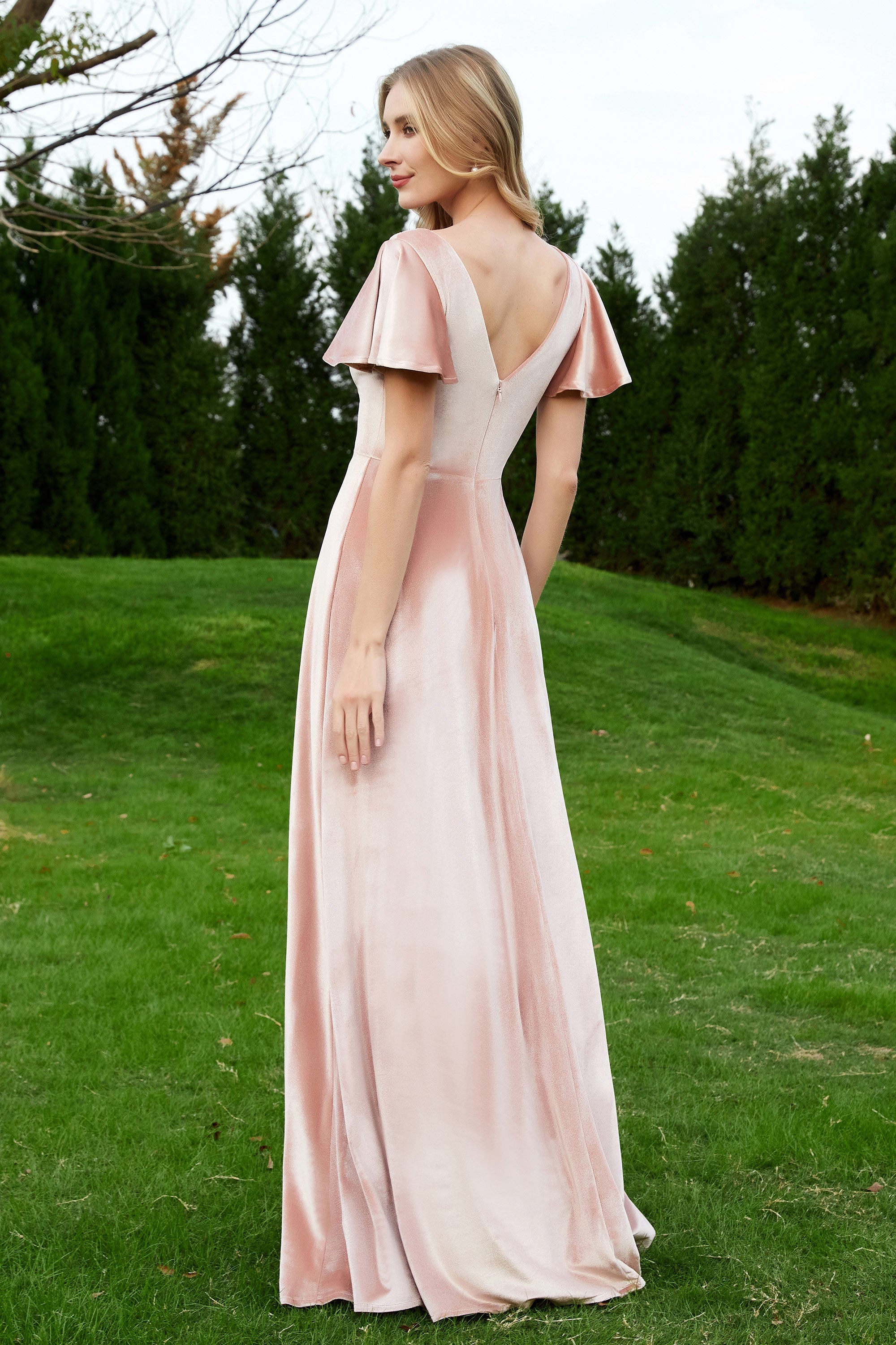 Velvet Flutter Sleeves Bridesmaid Dress Ruched Long Formal Evening Prom Dresses Gowns