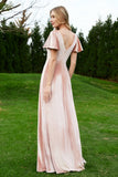 Velvet Flutter Sleeves Bridesmaid Dress Ruched Long Formal Evening Prom Dresses Gowns