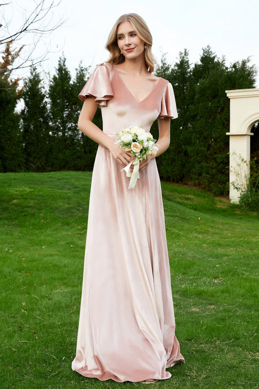 Velvet Flutter Sleeves Bridesmaid Dress Ruched Long Formal Evening Prom Dresses Gowns