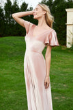 Velvet Flutter Sleeves Bridesmaid Dress Ruched Long Formal Evening Prom Dresses Gowns