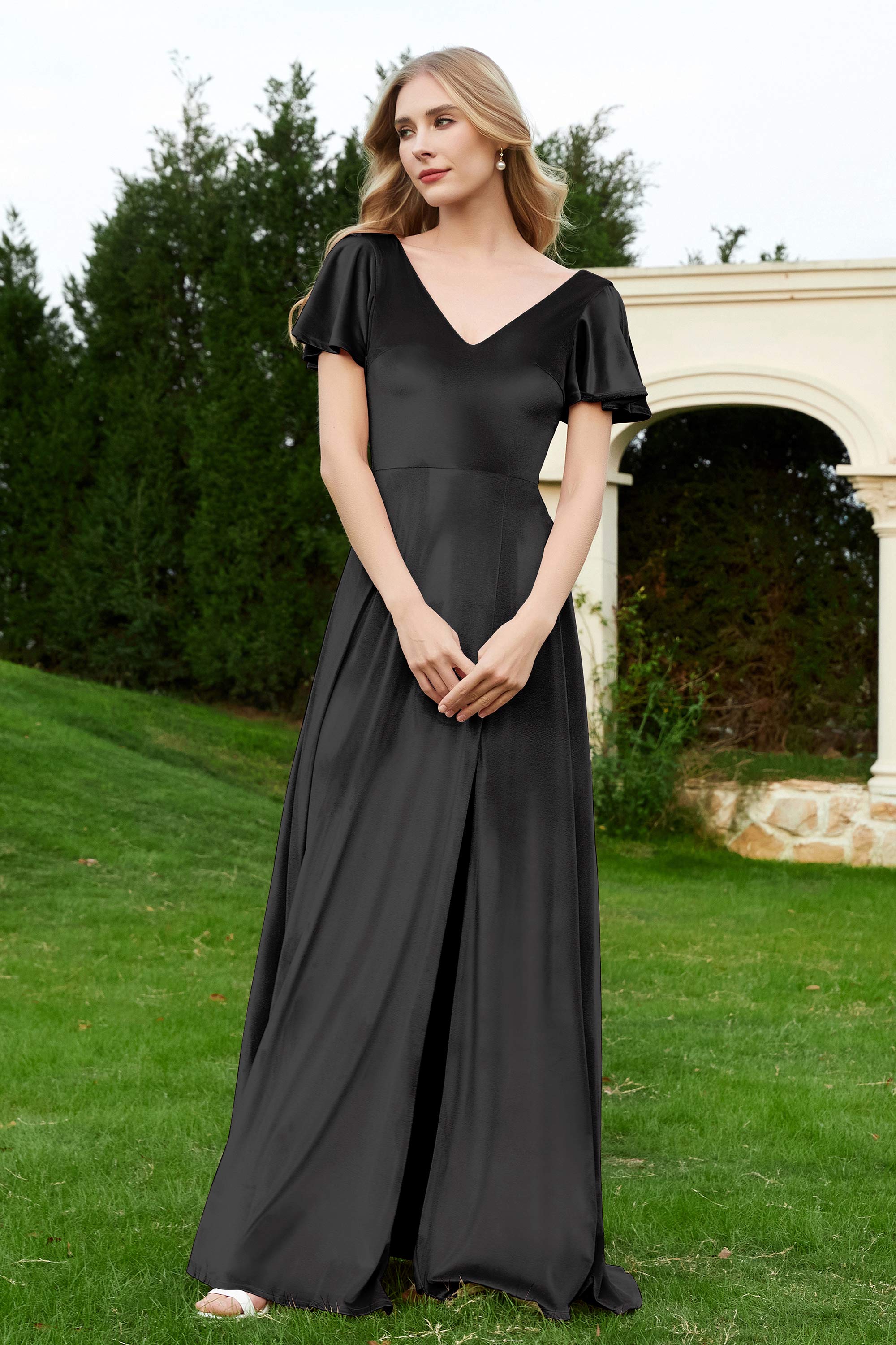Velvet Flutter Sleeves Bridesmaid Dress Ruched Long Formal Evening Prom Dresses Gowns