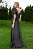 Velvet Flutter Sleeves Bridesmaid Dress Ruched Long Formal Evening Prom Dresses Gowns