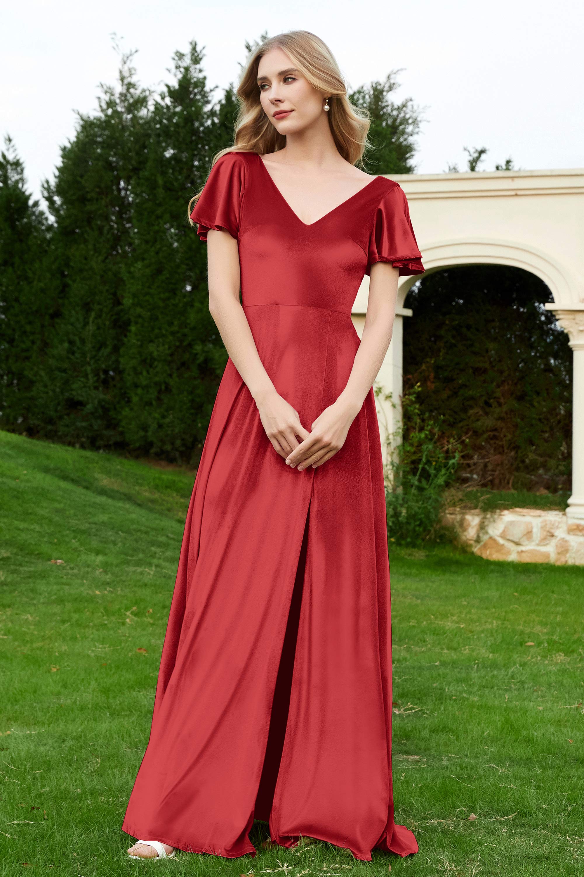 Velvet Flutter Sleeves Bridesmaid Dress Ruched Long Formal Evening Prom Dresses Gowns