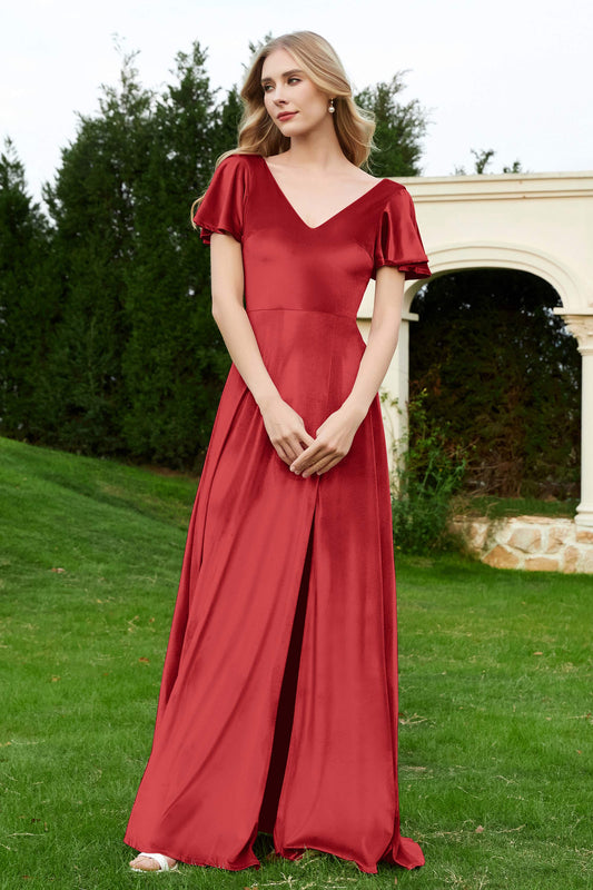 Velvet Flutter Sleeves Bridesmaid Dress Ruched Long Formal Evening Prom Dresses Gowns
