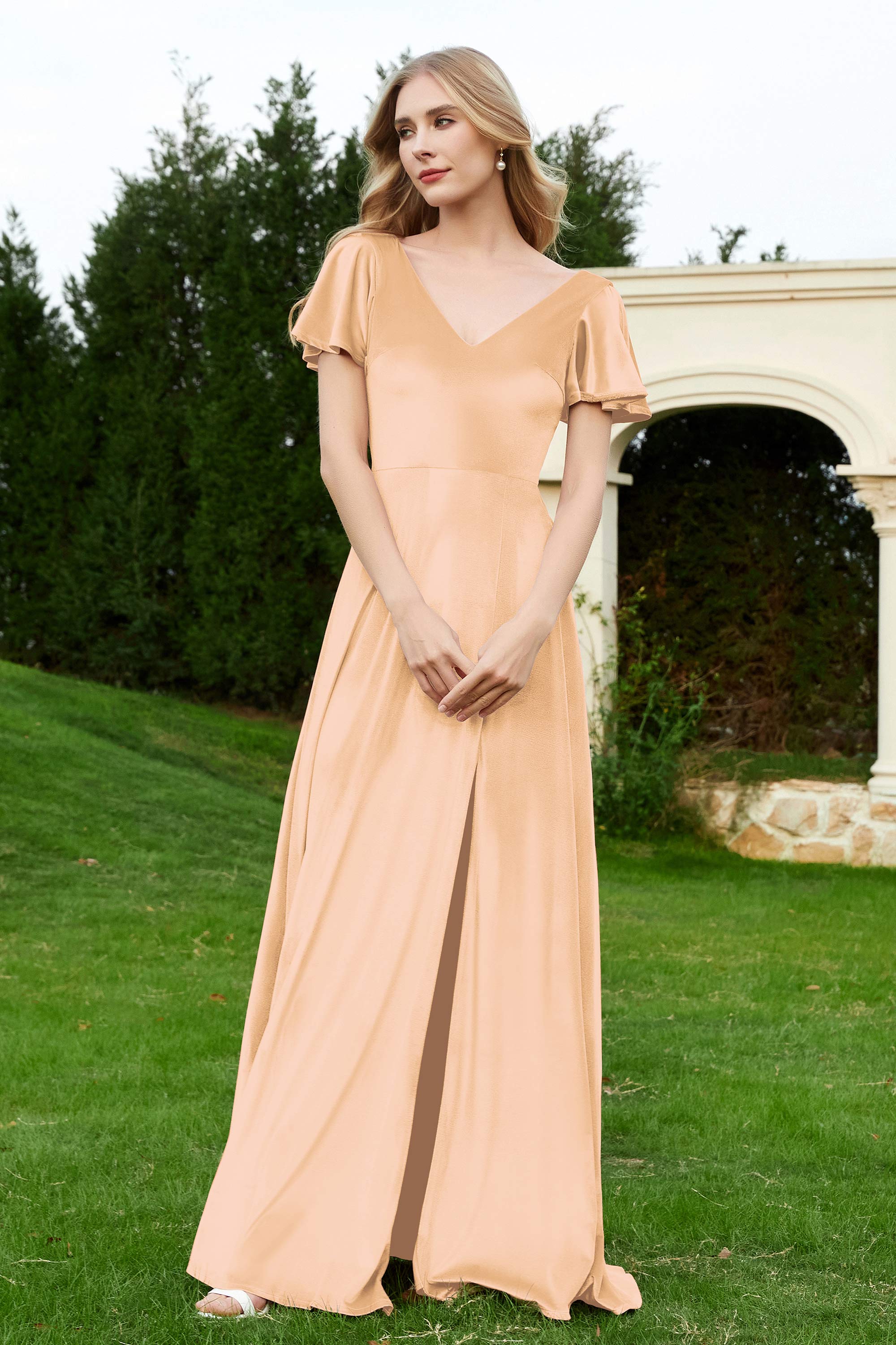 Velvet Flutter Sleeves Bridesmaid Dress Ruched Long Formal Evening Prom Dresses Gowns