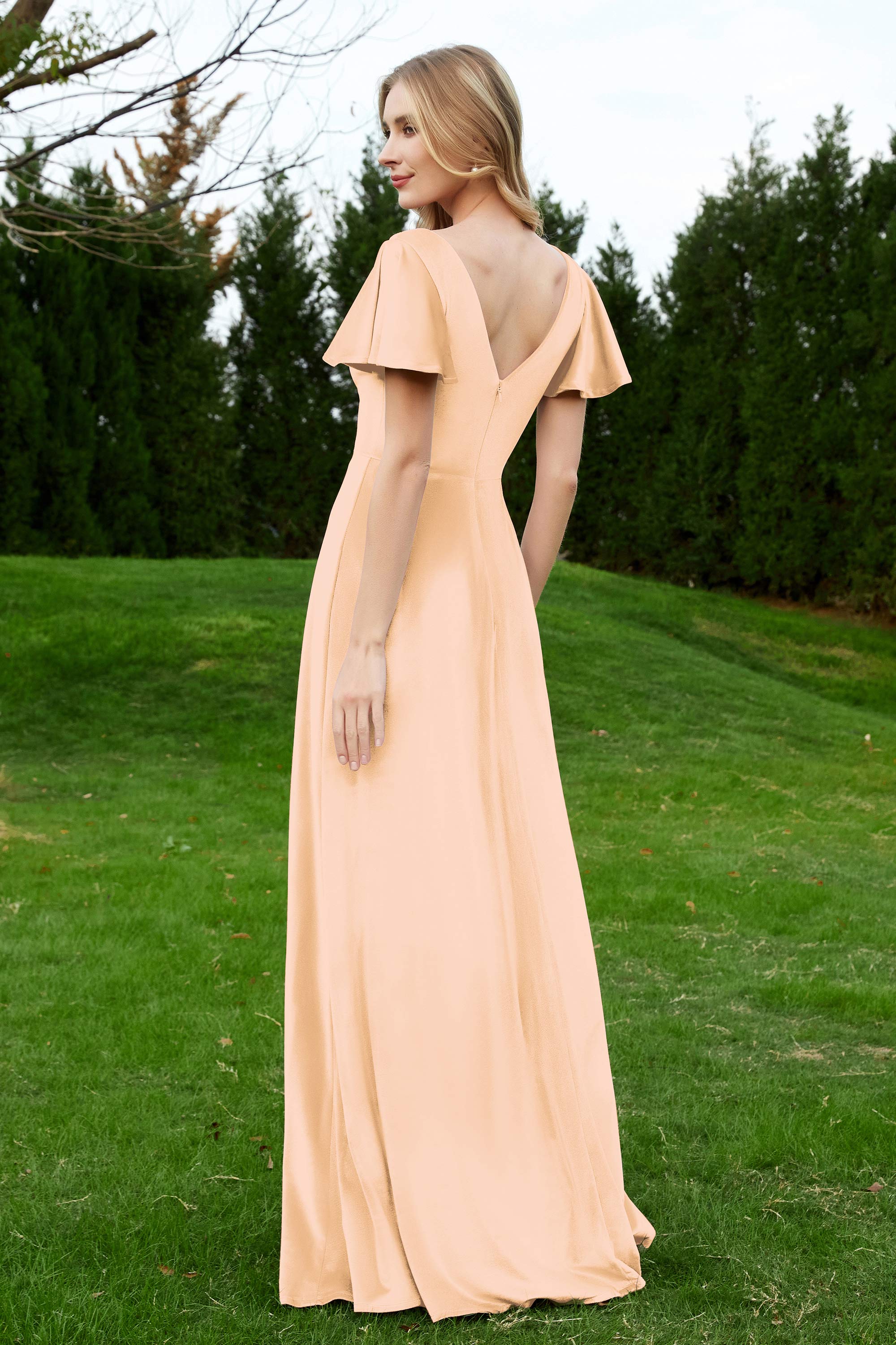 Velvet Flutter Sleeves Bridesmaid Dress Ruched Long Formal Evening Prom Dresses Gowns