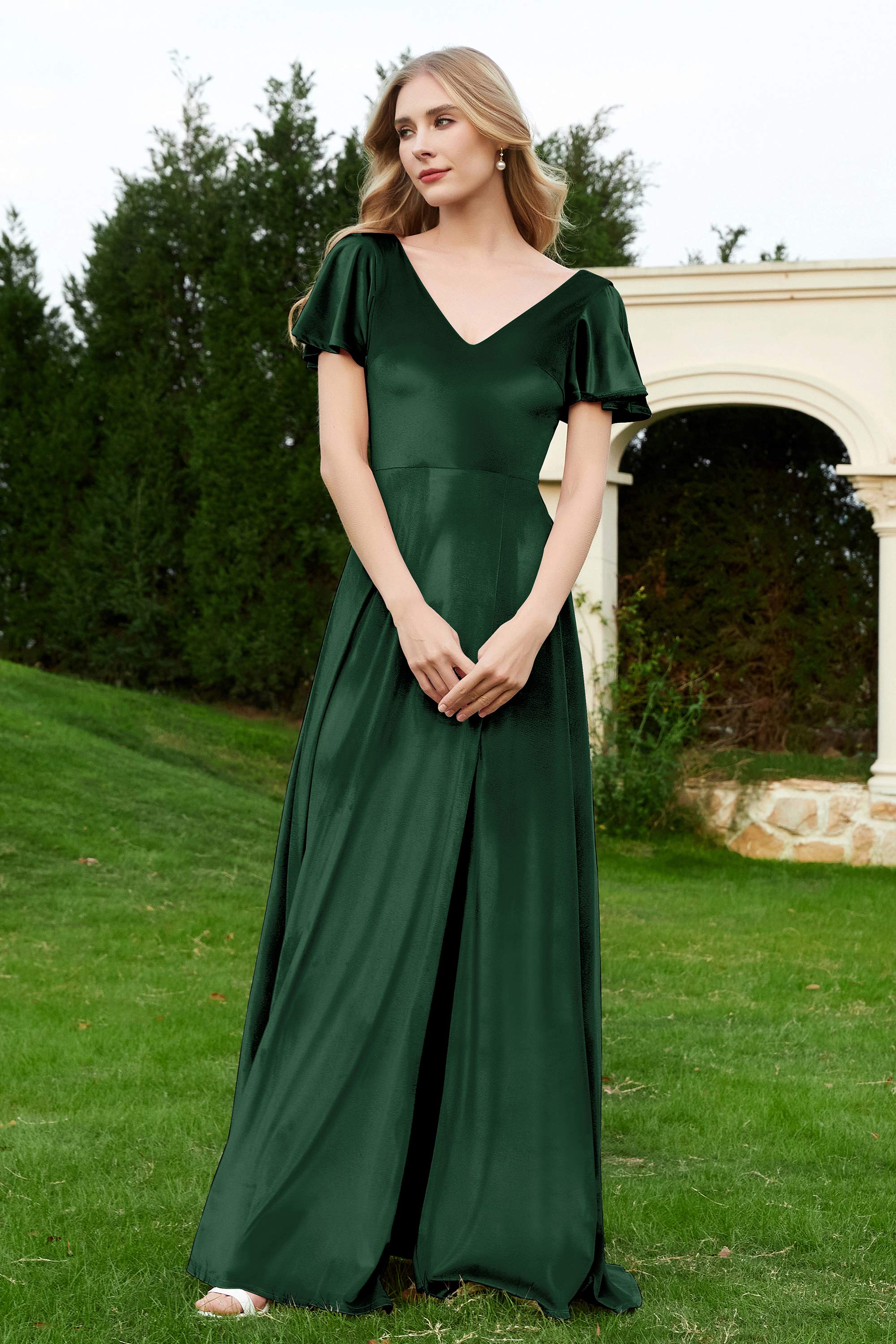 Velvet Flutter Sleeves Bridesmaid Dress Ruched Long Formal Evening Prom Dresses Gowns