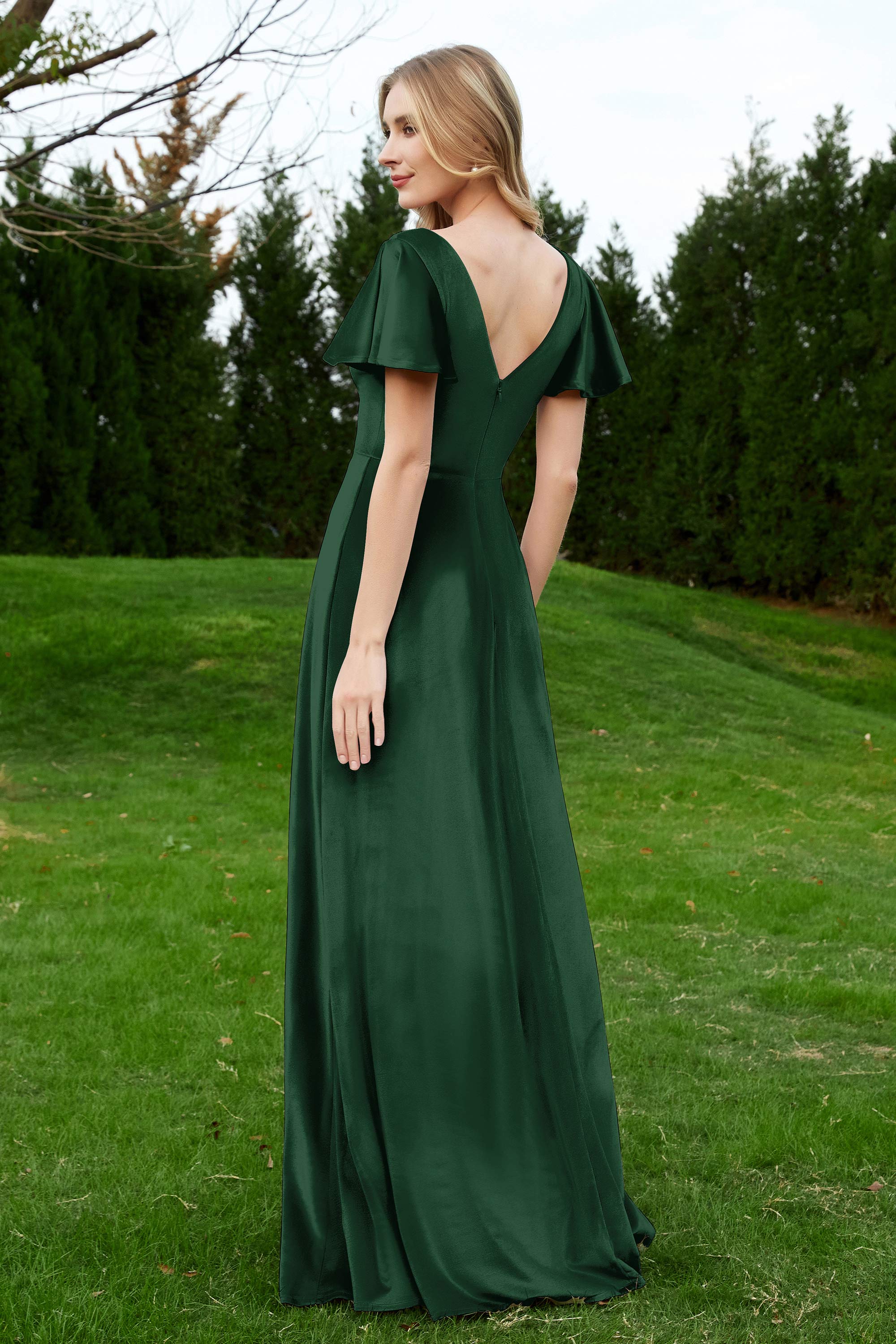 Velvet Flutter Sleeves Bridesmaid Dress Ruched Long Formal Evening Prom Dresses Gowns