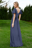 Velvet Flutter Sleeves Bridesmaid Dress Ruched Long Formal Evening Prom Dresses Gowns