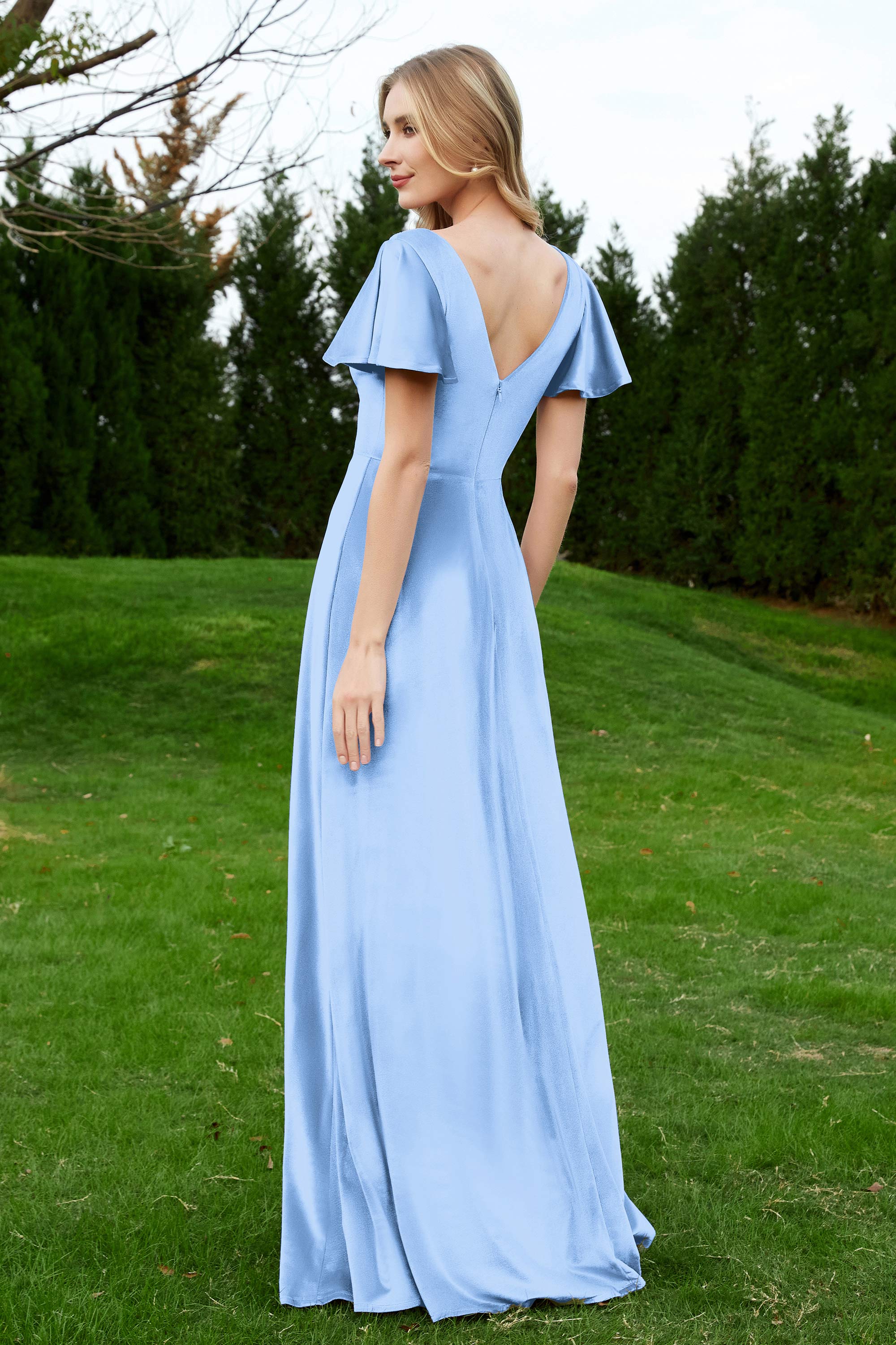 Velvet Flutter Sleeves Bridesmaid Dress Ruched Long Formal Evening Prom Dresses Gowns