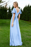 Velvet Flutter Sleeves Bridesmaid Dress Ruched Long Formal Evening Prom Dresses Gowns