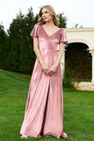 Velvet Flutter Sleeves Bridesmaid Dress Ruched Long Formal Evening Prom Dresses Gowns