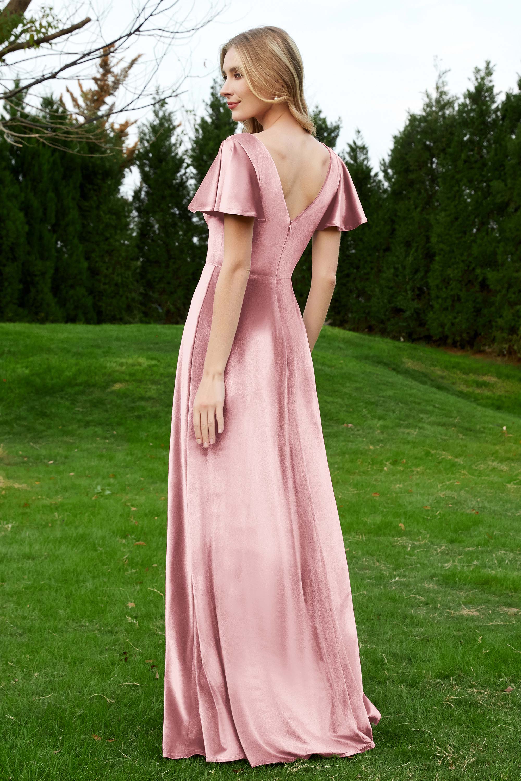 Velvet Flutter Sleeves Bridesmaid Dress Ruched Long Formal Evening Prom Dresses Gowns