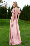 Velvet Flutter Sleeves Bridesmaid Dress Ruched Long Formal Evening Prom Dresses Gowns