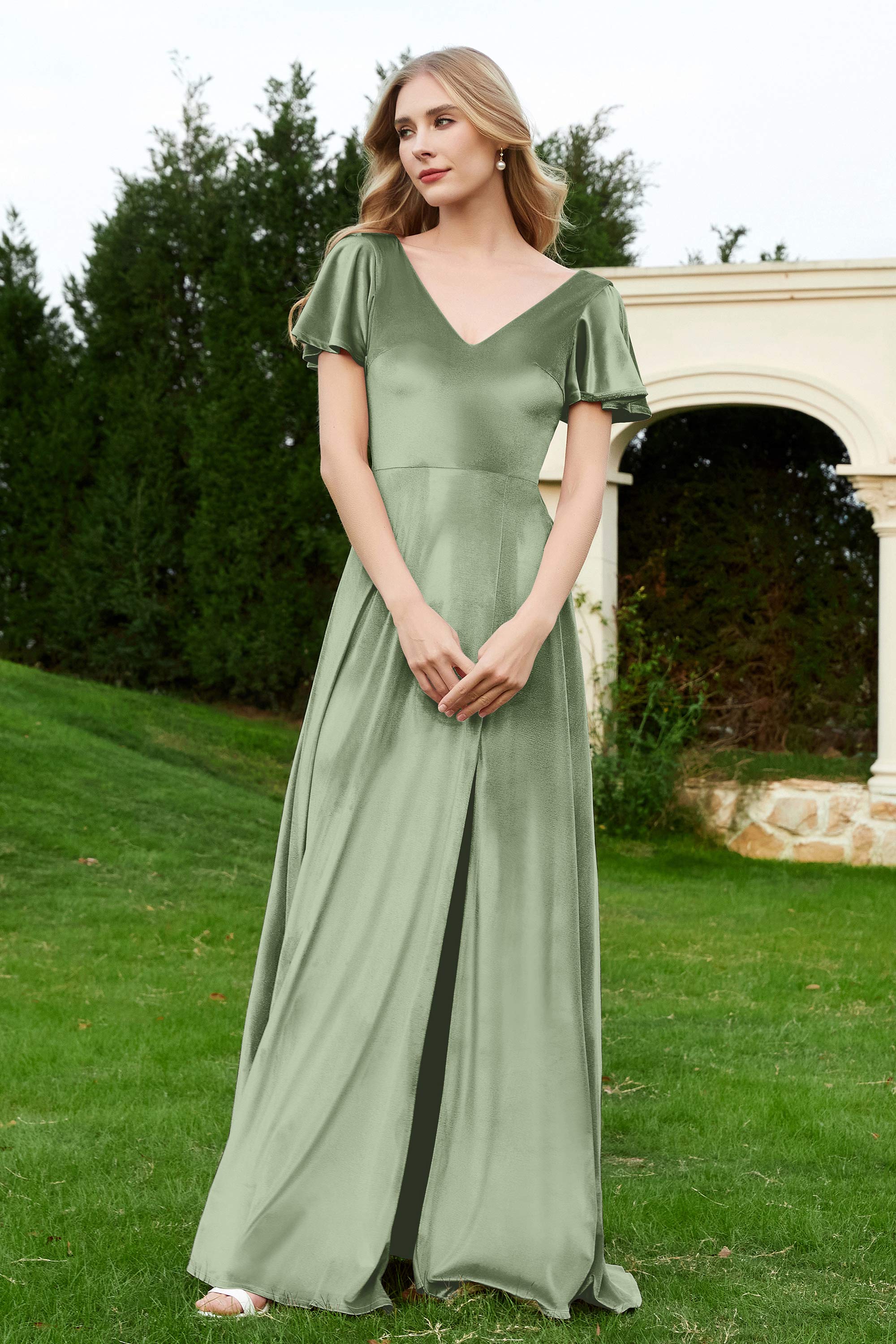 Velvet Flutter Sleeves Bridesmaid Dress Ruched Long Formal Evening Prom Dresses Gowns