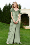 Velvet Flutter Sleeves Bridesmaid Dress Ruched Long Formal Evening Prom Dresses Gowns